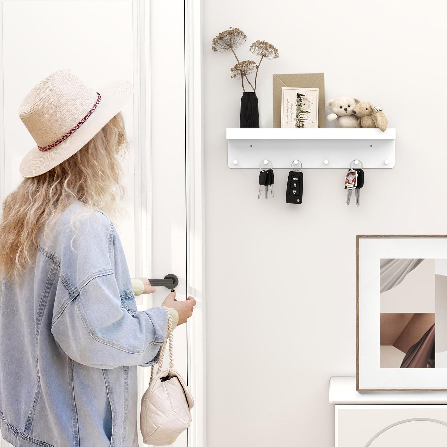 MKO Key Holder for Wall, Mail Organizer and Key Rack Wall Mount with Tray & 6 Hooks for Hallway (White)