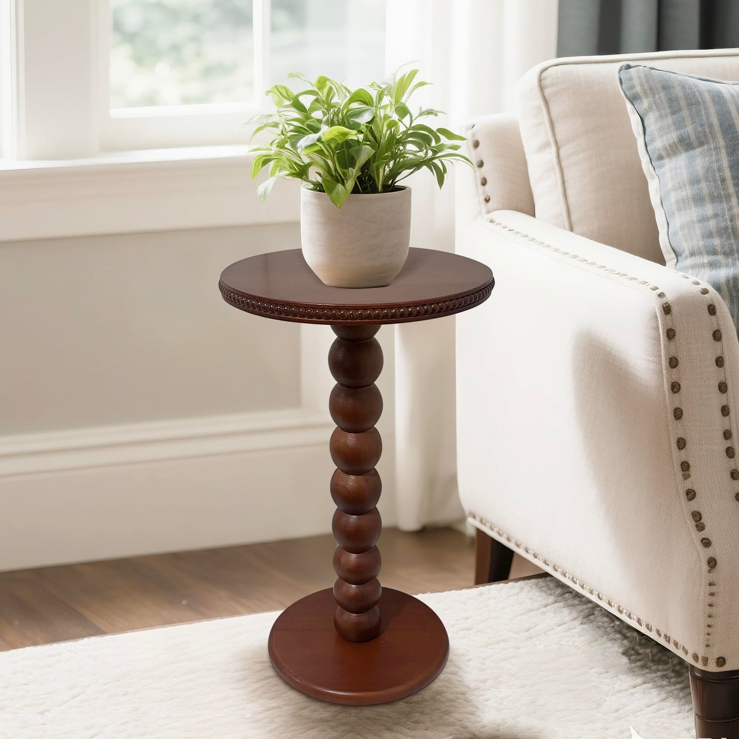 JUIOETURBoho Beaded Round Side Table - Handcrafted Small Accent Table for Small Spaces w/Solid Wood Leg - Drink Table for Living Room, Bedroom, Dorm, Office & Tight Corners (Brown)
