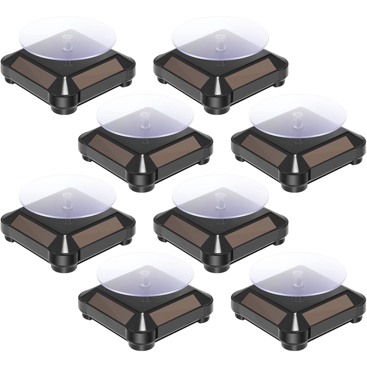 Xuhal 8 Pcs Solar Rotating Stand Turntable Battery Powered Double Use Solar Display Stand Jewelry Spinner 360 Degrees Solar Showcase Base Watch Hobby Collection Shelf for Table (Black)