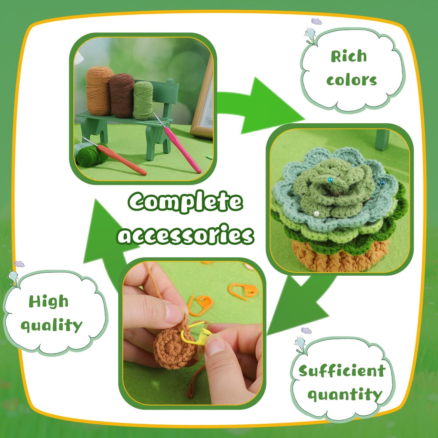 LUNARM Crochet Kit for Beginners, Crochet Start Kit Green Plant Coasters with Step-by-Step Video Tutorials, Easy-to-Learn Knitting with Hook and Yarn, Beginner-Friendly