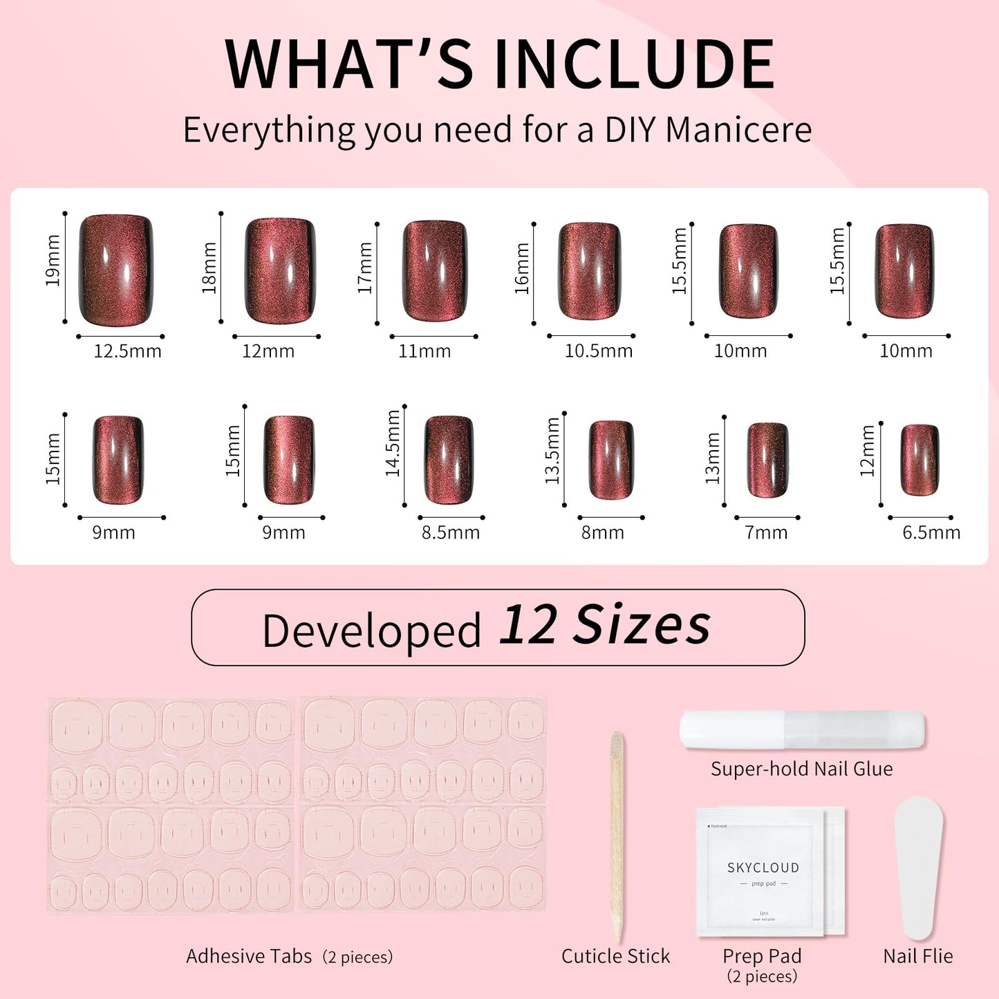 Brown Red Cat Eyes Press On Nails,12 Sizes-24 Pcs Soft Gel Brown Red Medium Square Fake Nails Kit with Nail Glue, Natural Reusable Stick On False Nails for Women and Girls (Skycloud Nails) SK0927