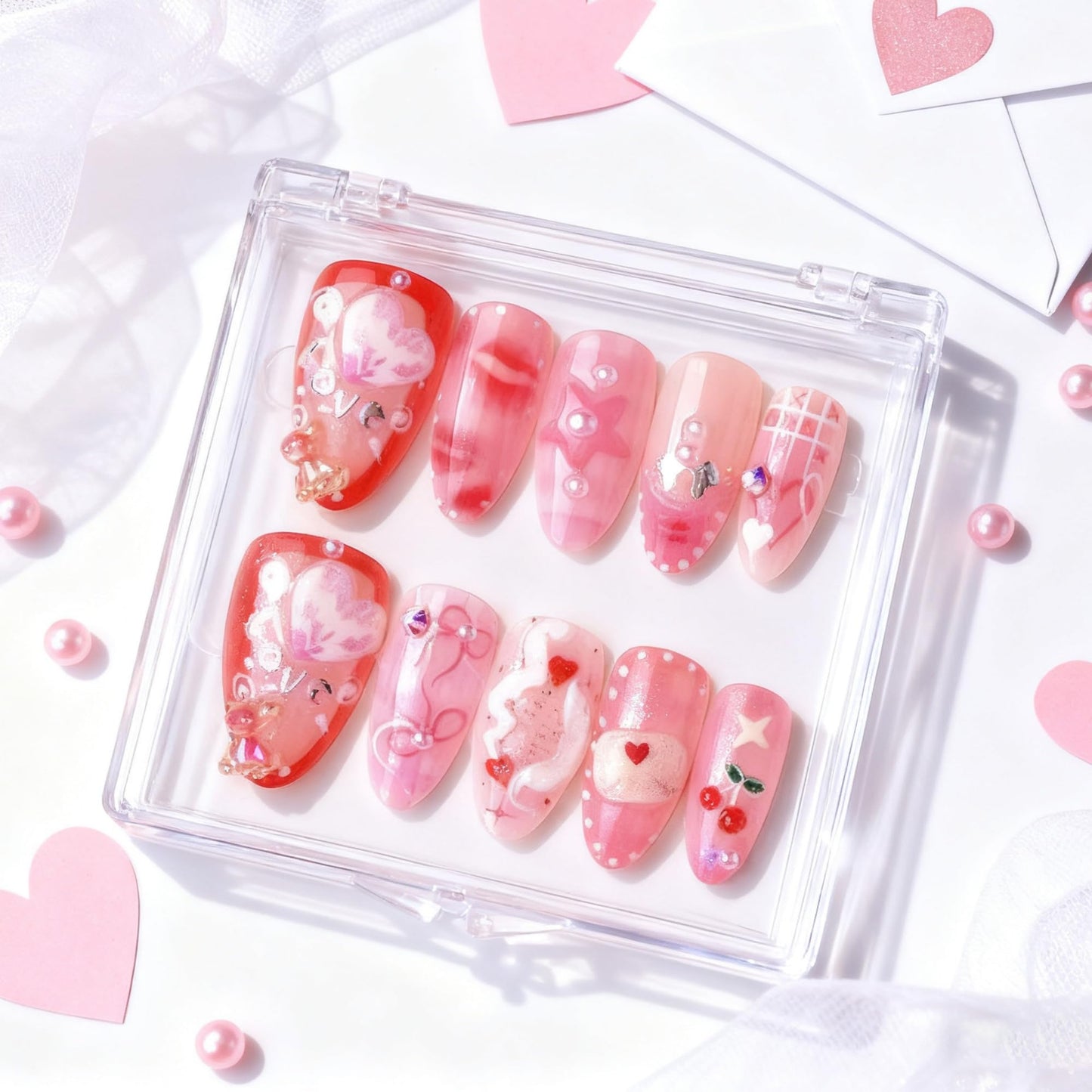octoswave Almond Press on Nails Medium Fake Nails Cute Pink Love Artificial Nail 3D Sparkly Charm Stick on Nail for Women 30pcs