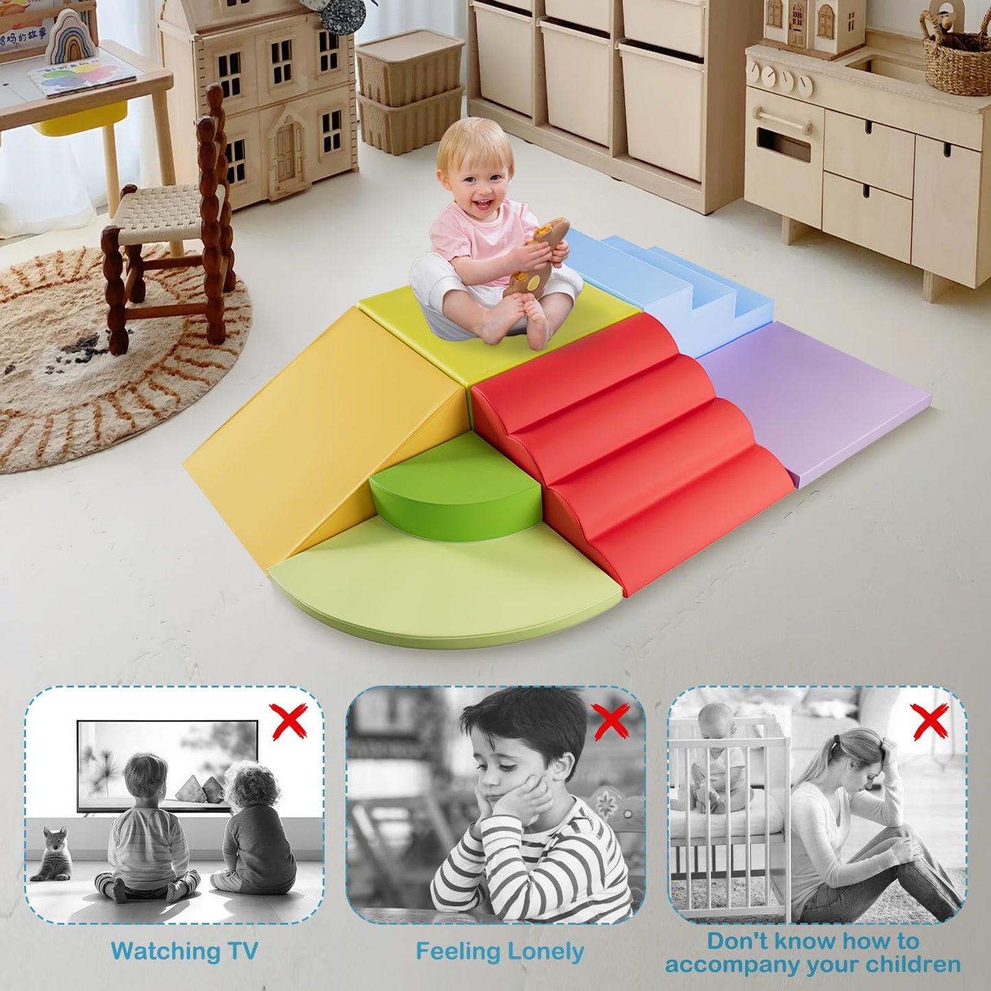 WENKIP 7-Piece Foam Climbing Blocks for Toddlers & Babies 1-5: Ultimate Indoor Play Toy Set with Soft PU Leather, Safe Crawling, Walking & Sensory Motor Skills Activity Blocks
