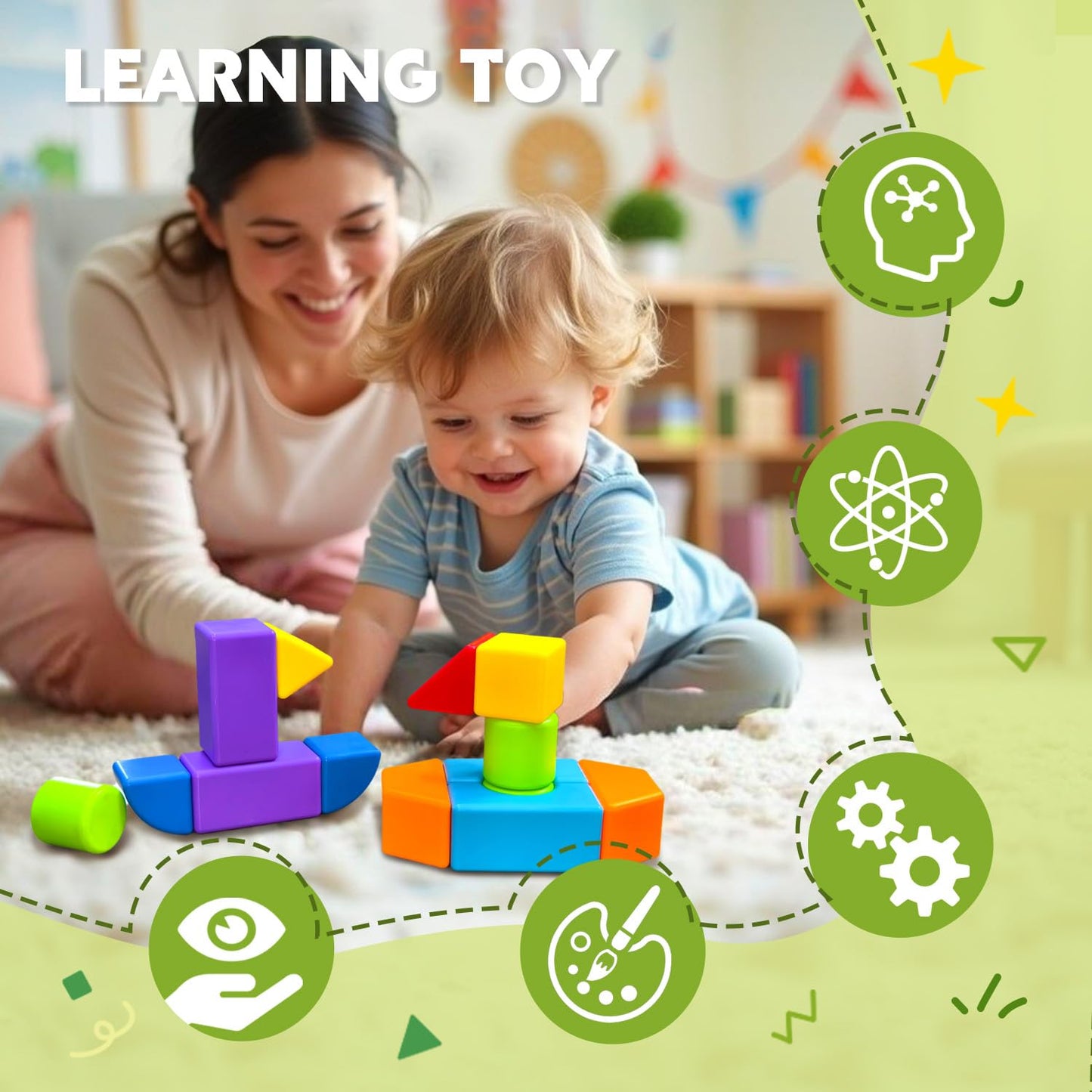 Pairez Toys Magnetic Blocks, Large Building Blocks for Toddlers 1-3, Multi-Shape 3D Stacking Blocks Set, Montessori Learning Sensory Magnet Toys for Boys Girls, Kids Gift (14pcs)