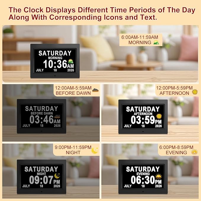 SSINI 12”Large Digital Clock for Seniors Dementia Clock with Day and Date for Elderly Digital Clock 15 Alarms 5 Colors Display Large Display Alzheimers Clock