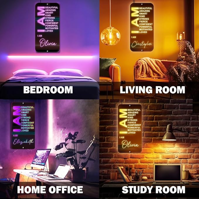 Personalized Affirmation Mirror - I Am Mirror - LED Name Light Up Sign for Wall - RGB Light - Handmade for Bedroom