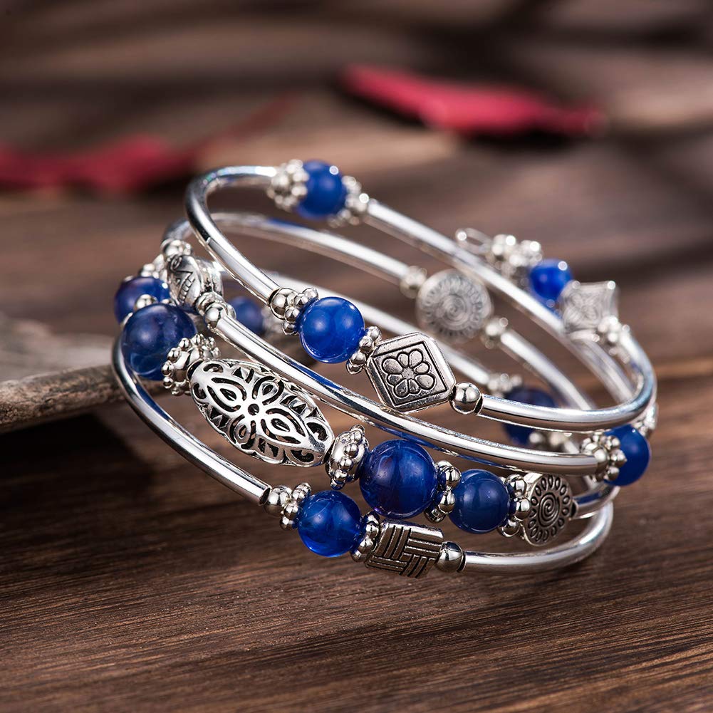BULINLIN Layered Wrap Bangle Turquoise Bracelet - Bead Bracelet with Natural Agate Stone, Gifts For Women (11-sapphire)