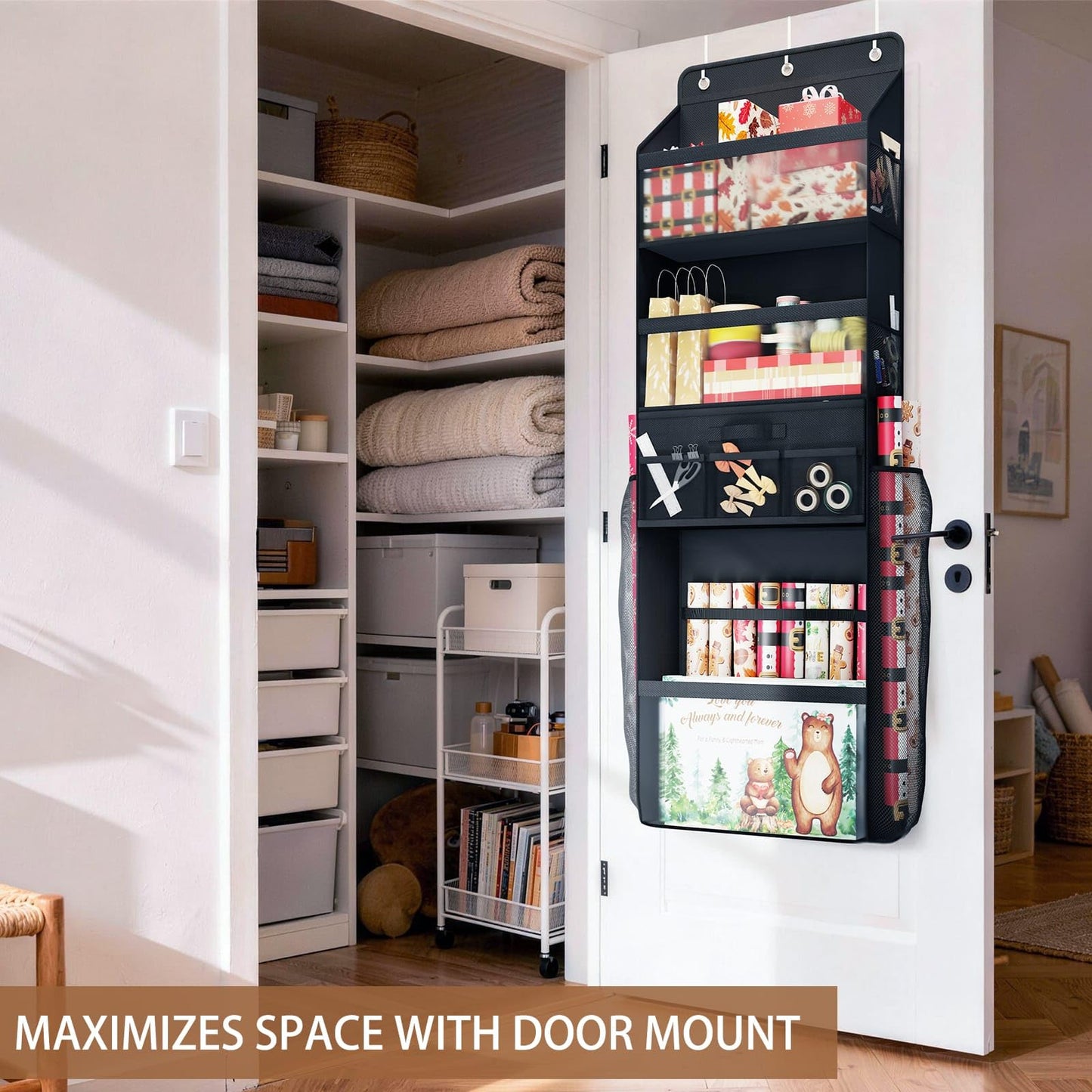 Over Door Wrapping Paper Organizer Storage with Removable Drawer & Side Pockets, Multi-Purpose Over the Door Gift Wrapping Organizer for Gift Bags, Paper, Ribbons, Bows, Ornament and Other Tools