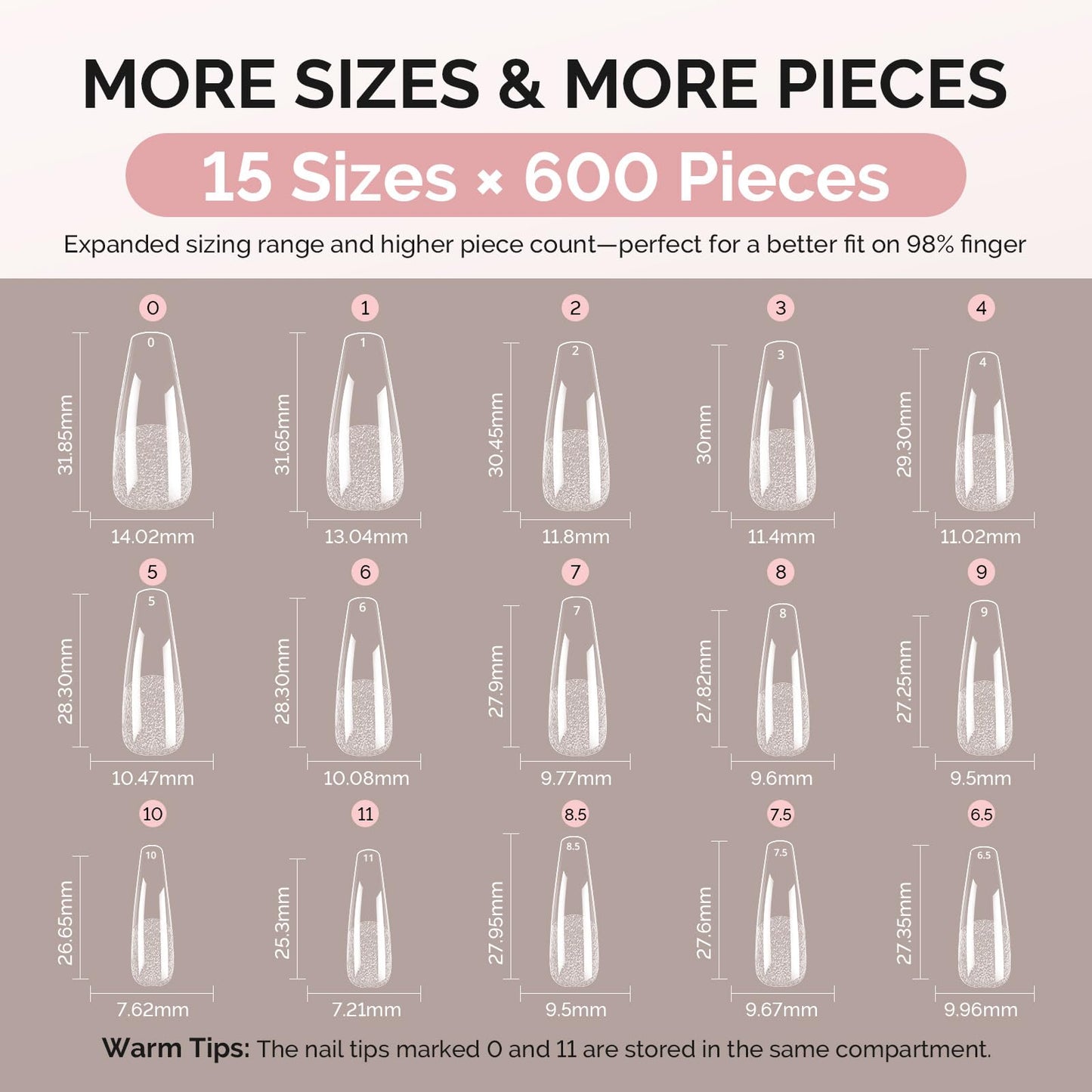 MelodySusie Long Coffin X Nail Tips - 600Pcs 15 Sizes Clear Acrylic, Half Matte Full Cover Press on Nails for DIY Extension & Salon Use, Pre-Shaped for Long-Lasting Manicure