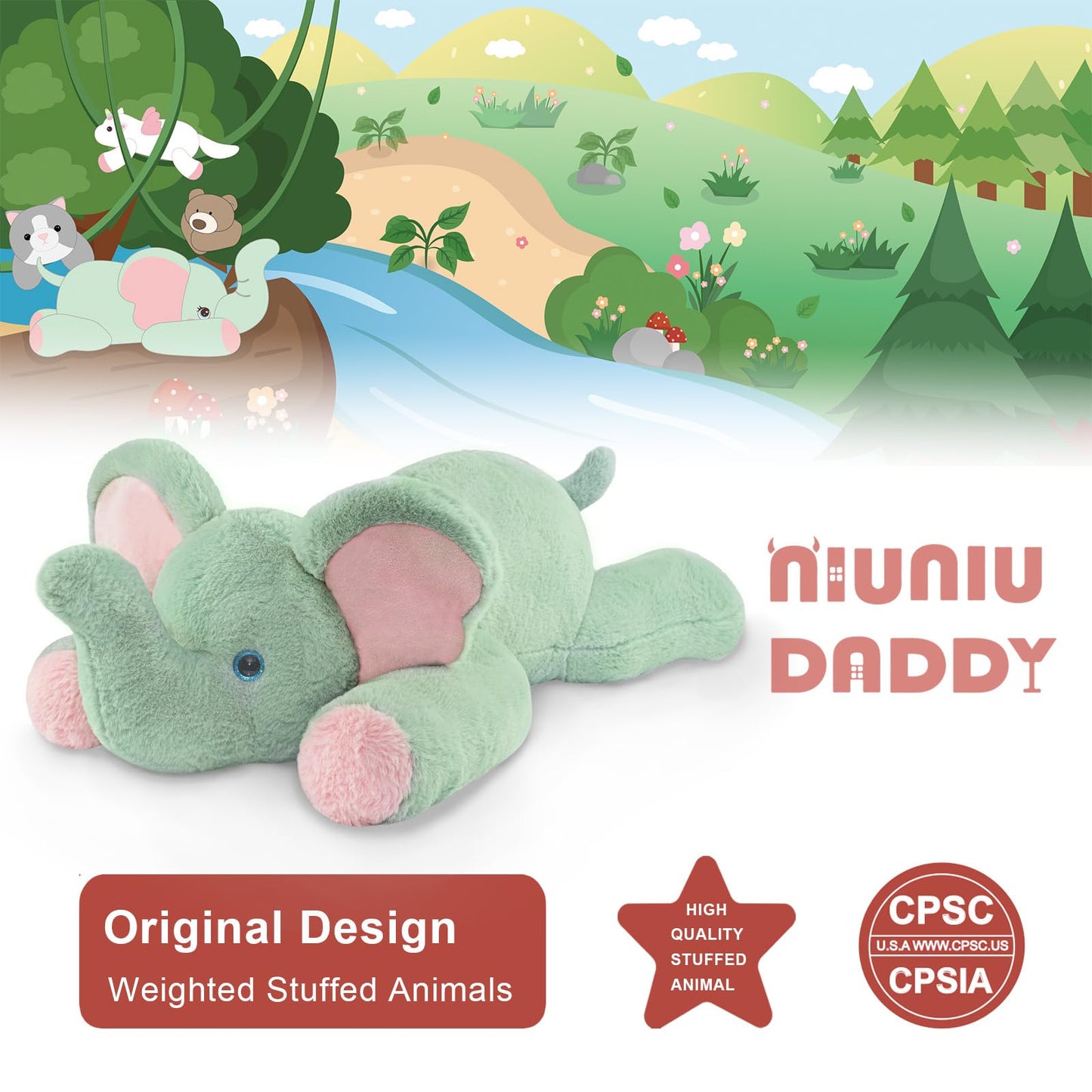 Niuniu Daddy 20" | 3.3 Pound Elephant Weighted Stuffed Animals, Large Pillowfort Plush Animal Toys for Kids Adults, Large Body Pillow for Gifts Presents Birthday Christmas Holiday