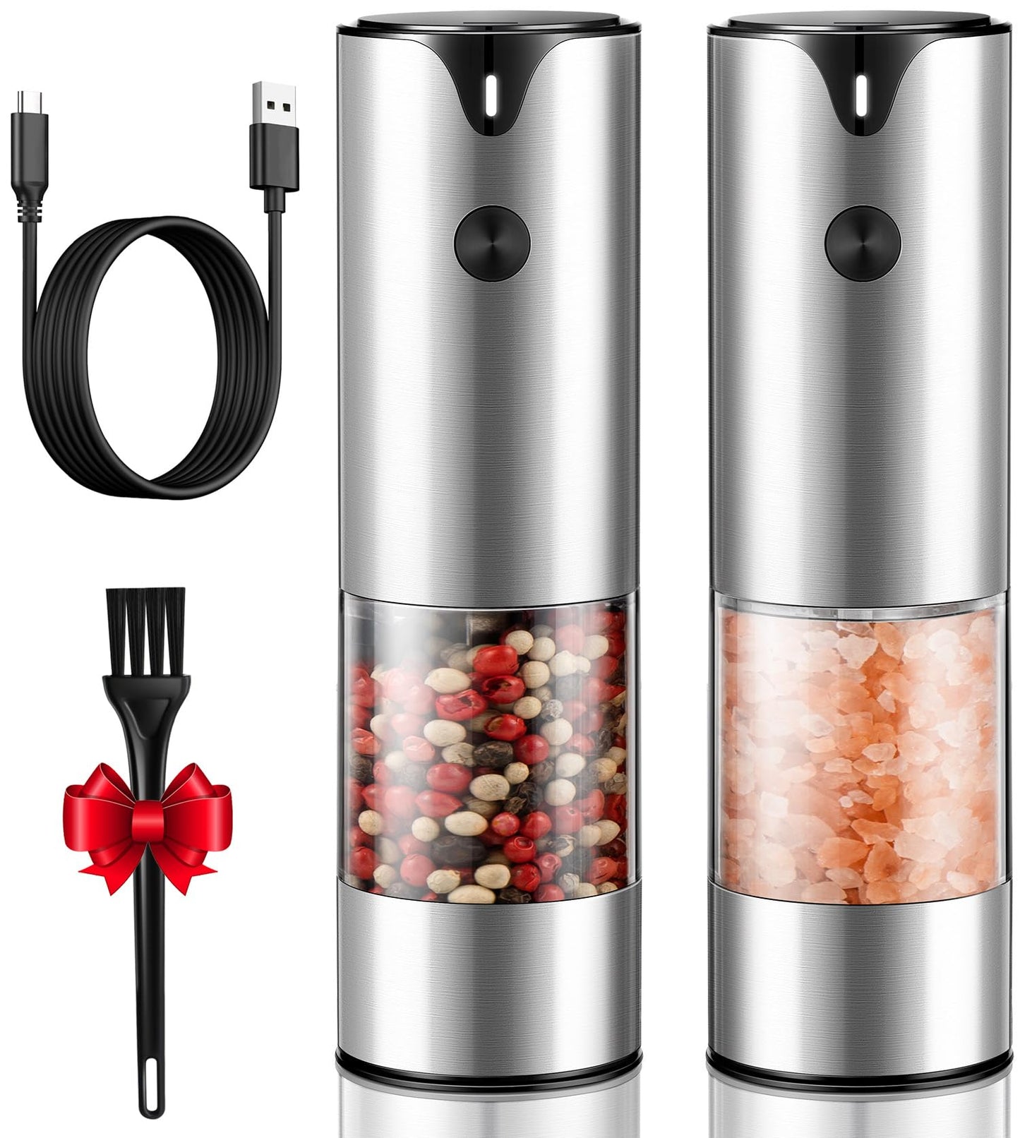 Rechargeable Electric Salt and Pepper Grinder Set - Extra Large Capacity - Automatic Black Peppercorn & Sea Salt Spice Mill Set with Adjustable Coarseness & LED Light Refillable
