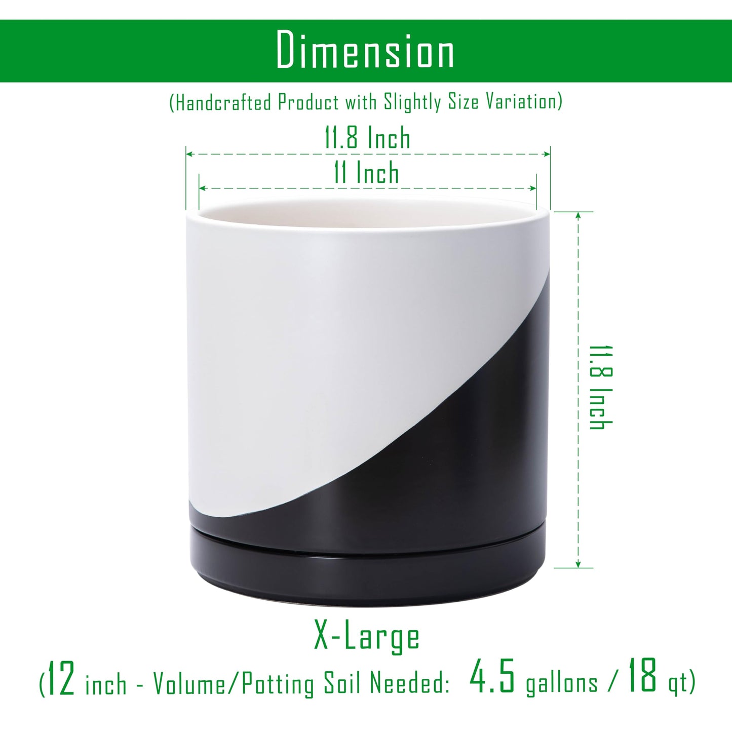 D'vine Dev 12 Inch Ceramic Planter Pot with Drainage Hole and Saucer, Indoor Cylinder Round Planter Pot, Oblique Monochrome Black and White, 94-O-F-K