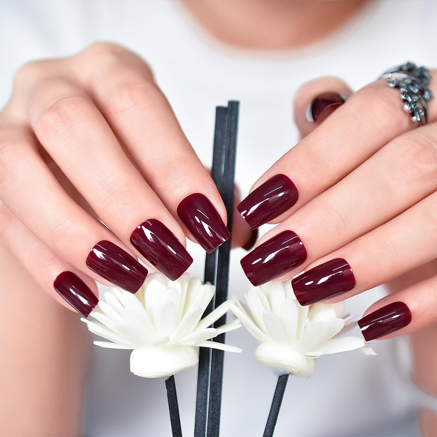 Claret Red Press on Nails - iBeautying False Nails - Dark Wine Red Brown Finish Finger Daily Wear Nail - Medium Square Acrylic Reusable Fake Nails 24pcs