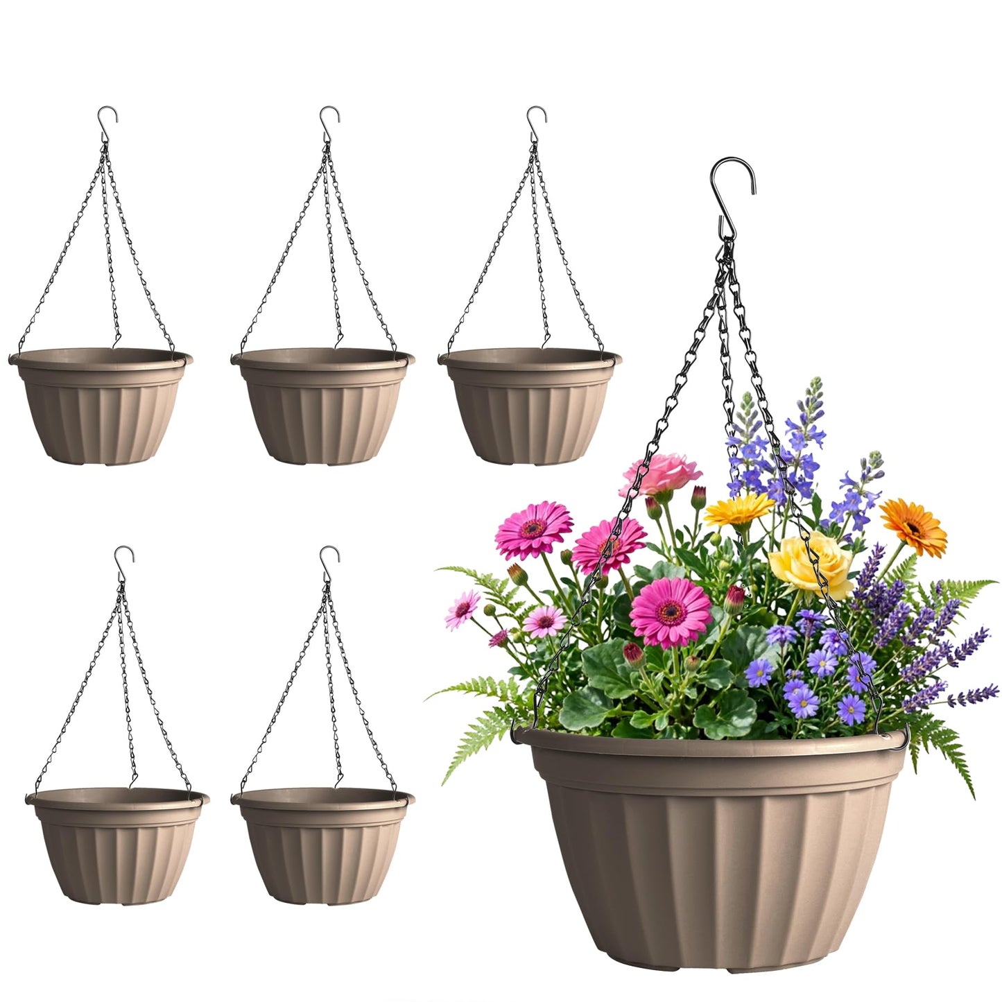 FGstyle 6 Pack Hanging Planters 8 Inch,Self Watering Pots for Indoor Plants,Plastic Hanging Basket with Soil Elevator and 20" Chain for Home Garden Porch Balcony Patio Decor(Beige)