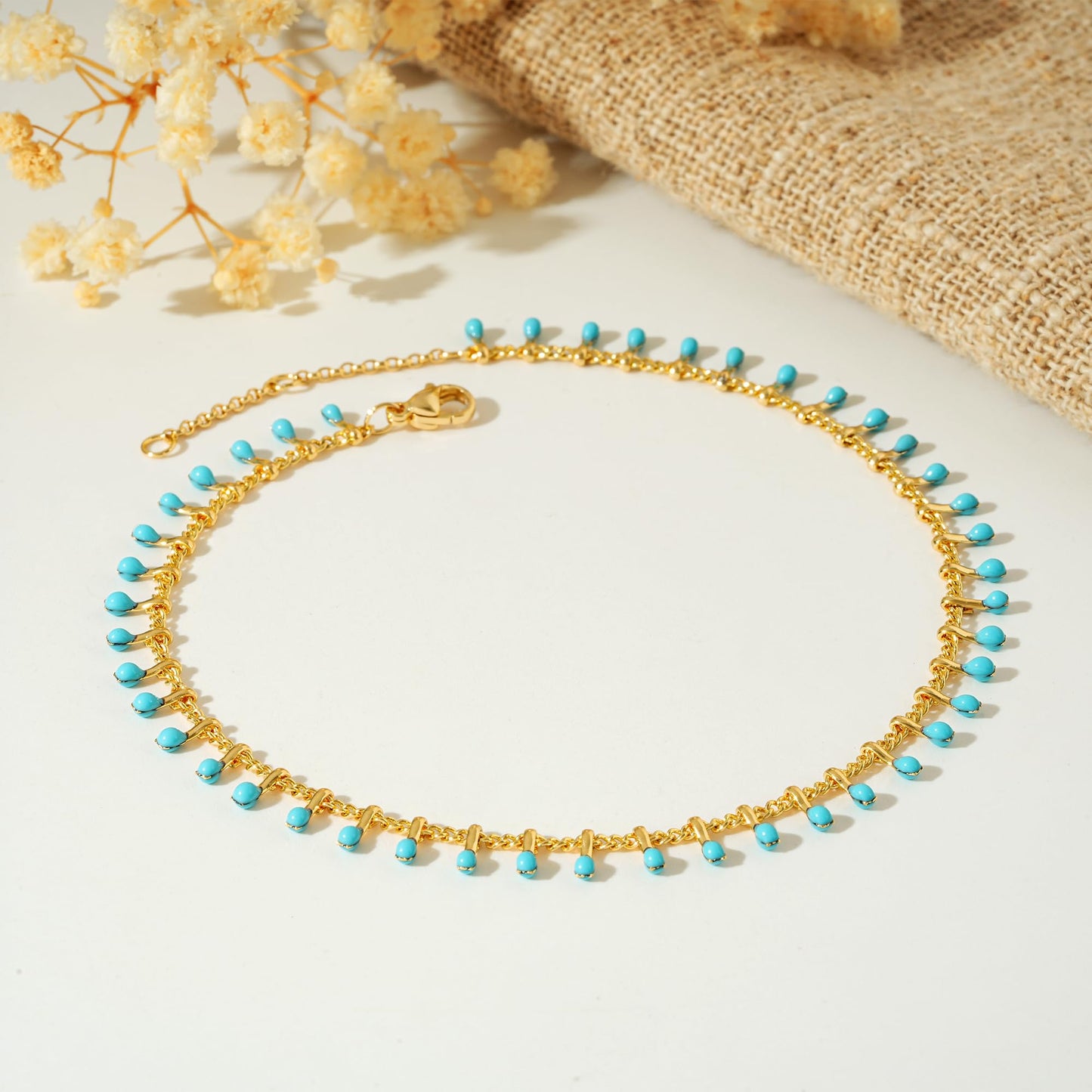 MTMY Gold Anklets for Women 14K Gold Plated Tiny Bead Anklet Colorful Tassel Foot Chain Dainty Adjustable Cute Summer Beach Boho Anklets Jewelry Gift for women (lake blue)