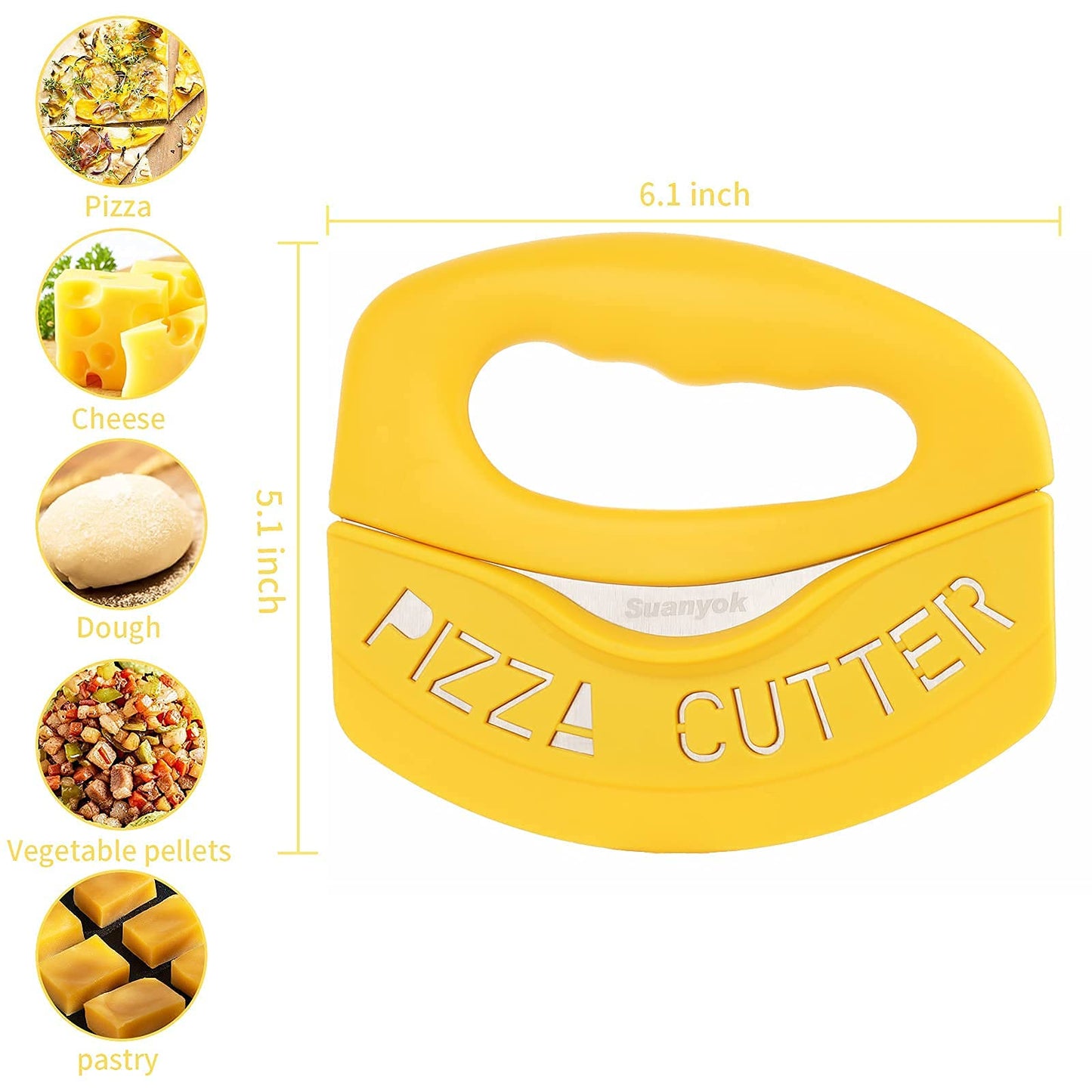 Suanyok Premium Pizza Cutter Food Chopper-Super Sharp Blade Stainless Steel Pizza Cutter Rocker Slicer with Protective Sheath Multi Function Pizza Knife Kitchen Tools,Dishwasher Safe (Yellow)