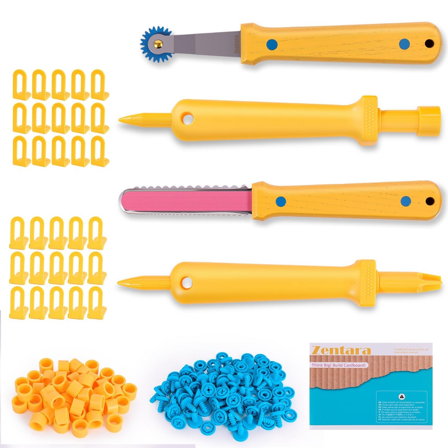 Zentara Kids Cardboard Tool Set, 232-Piece STEM Building Kit with Safe Wooden Cutter, Reusable Bolts & Nuts, Hinges, and Eco Gift Box