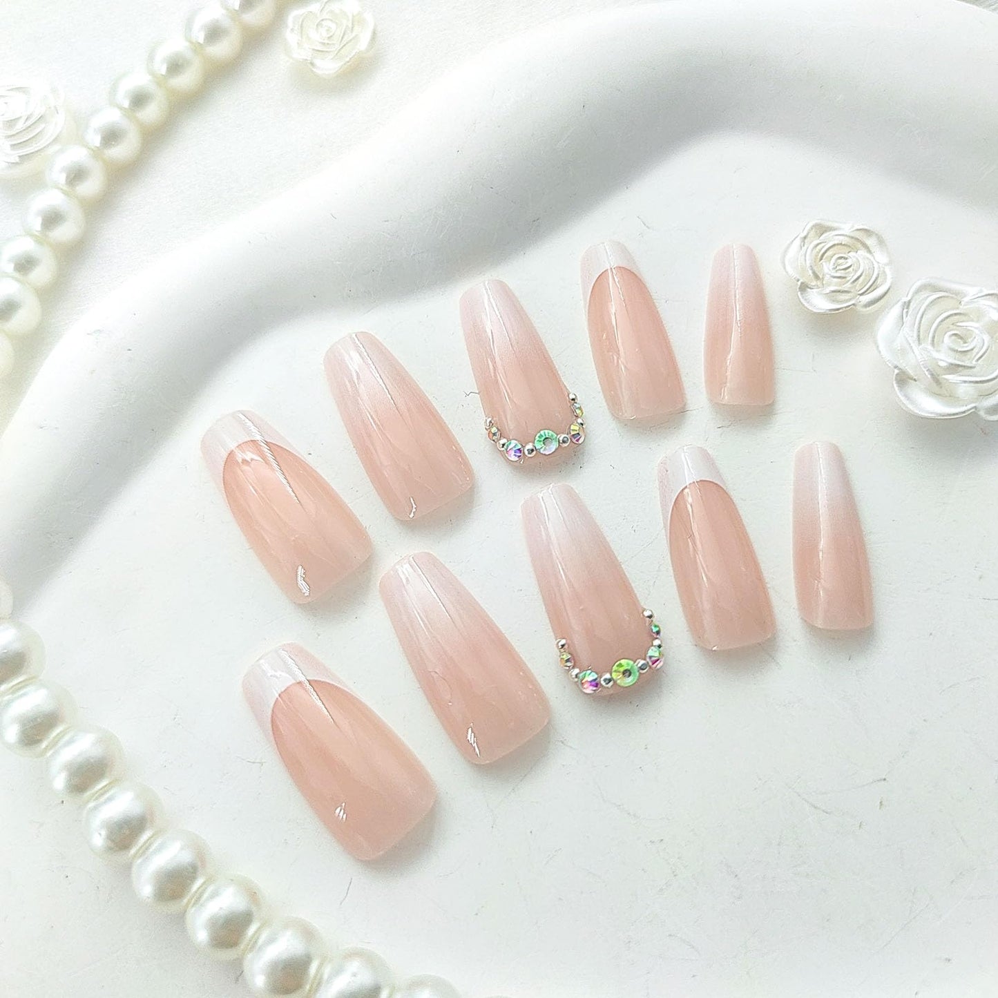 French Tip Press on Nails Medium Coffin Fake Nails with Rhinestones Gradient Designs White Nails Press ons Glossy Glue on Nails Nude Acrylic Nails Cute False Nails Stick on Nails for Women24Pcs