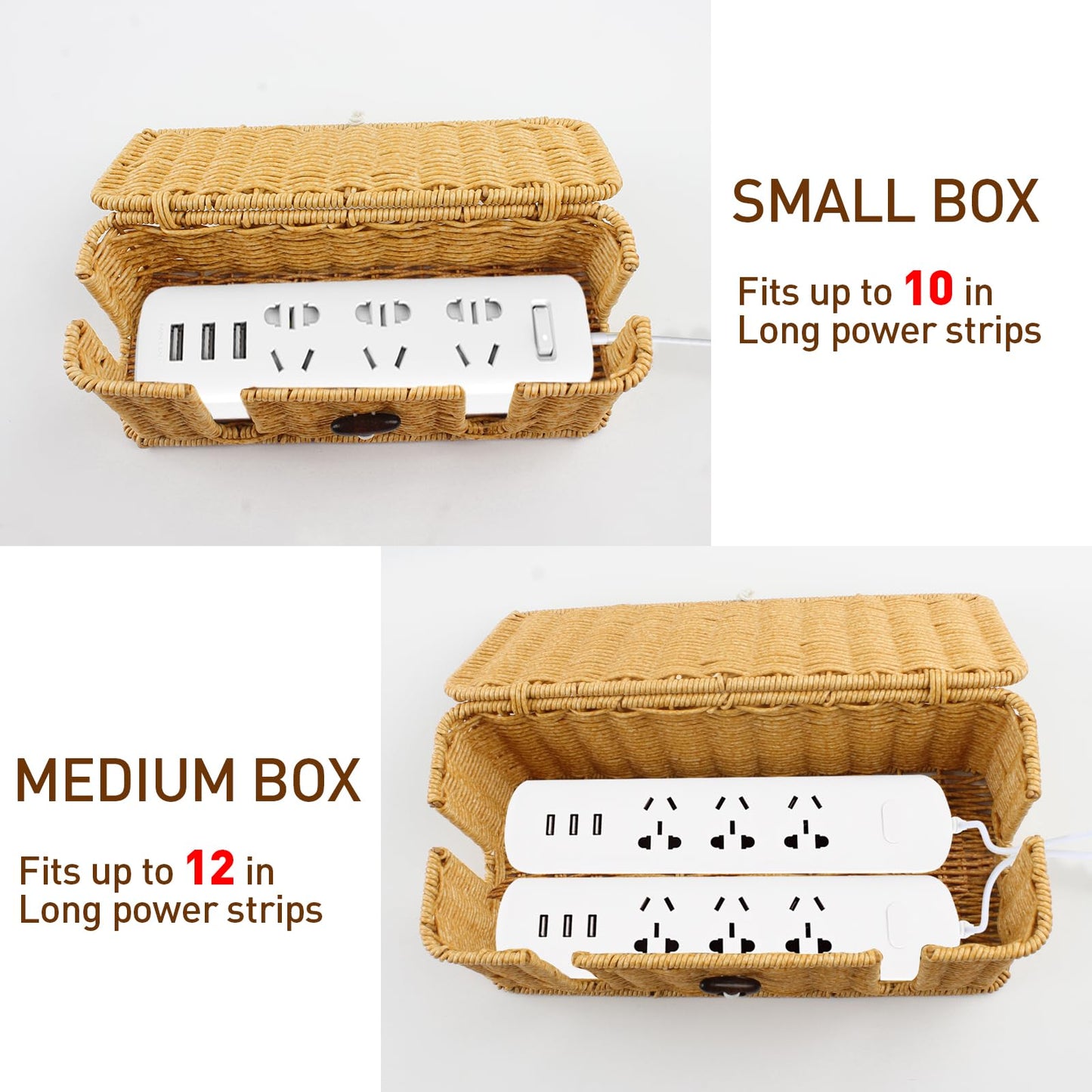CENELO Cable Management Box - 2 Pack Cord Hider Organizer Boxs - Small & Medium Szie Power Cover Cord Box, Handwoven Rattan Cable Organizer for TV Computer USB Hub Power Strips & Cords