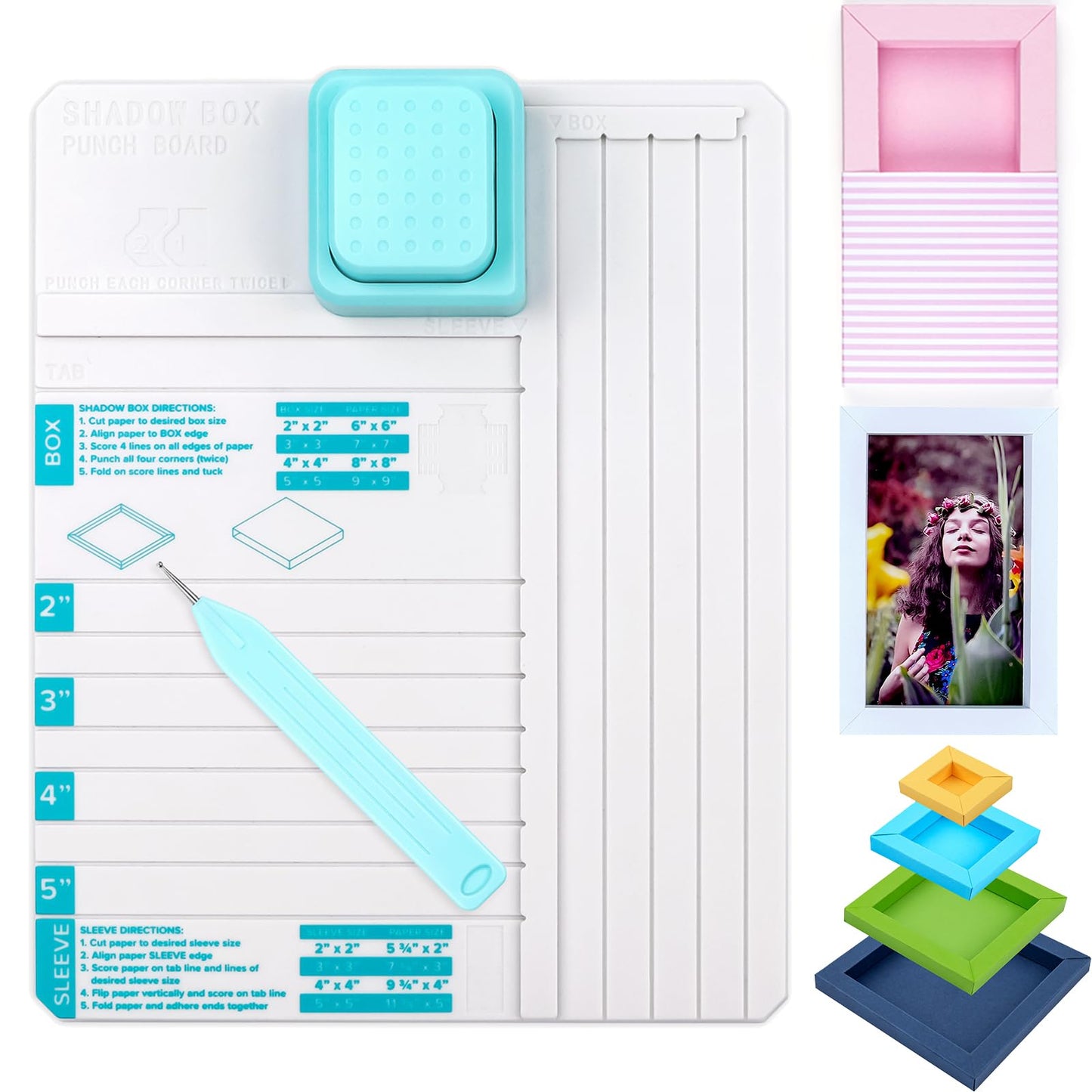 Briartw All-in-One Shadow Box Punch Board with Scoring Tool for DIY Making 2", 3", 4", 5" Shadow Boxes & Sleeves | Beginner-Friendly Scoring & Punching Tool for Paper Crafting