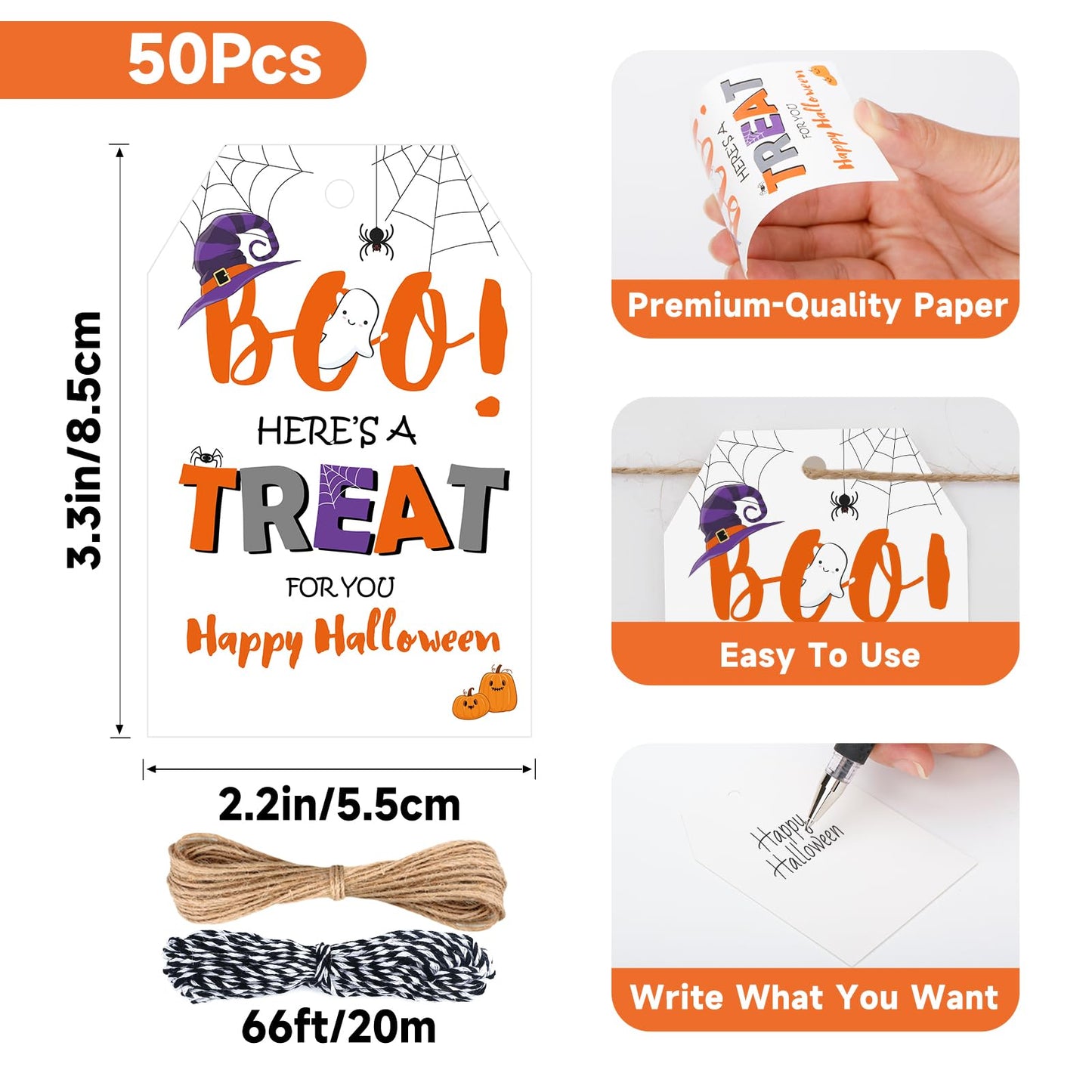 Anwyll 50 Pcs Halloween Tags with String + 60Pcs Halloween Name Gift Tags Stickers