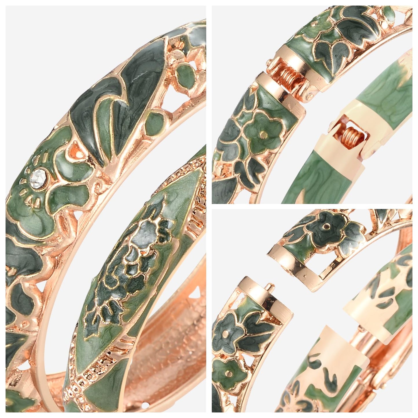 wynameleri Vintage Jewelry Cloisonne Handcrafted Enameled Gorgeous Rhinestone Flower Gold Hinged Cuff Bracelet Bangles Gifts 88A08-55A128 green