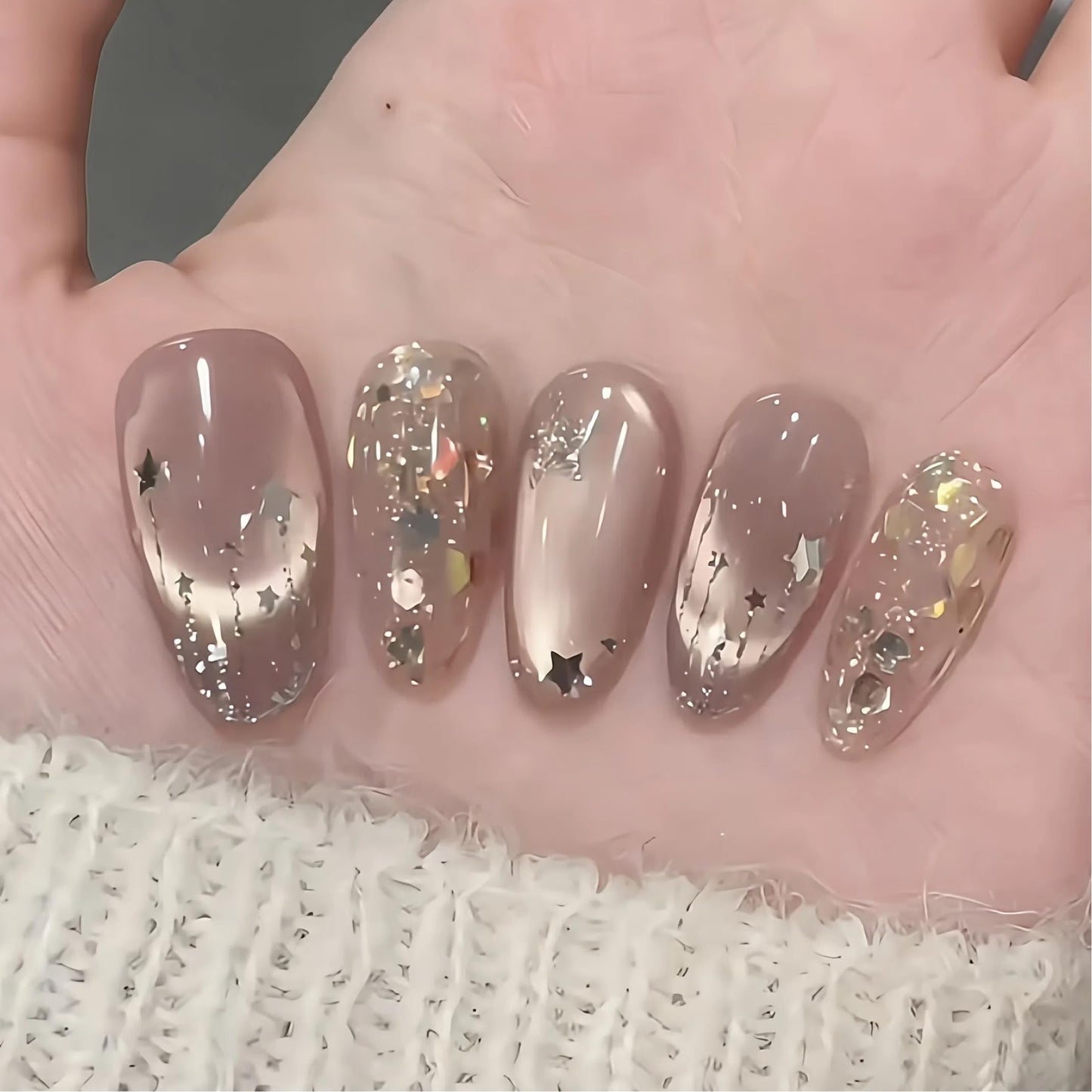 LOHAS Home Handcrafted Dreamy Fairy Wand Bling-Bling Glitter Wearable Nails Reusable Almond-shaped Nail, Stars & Moons, S