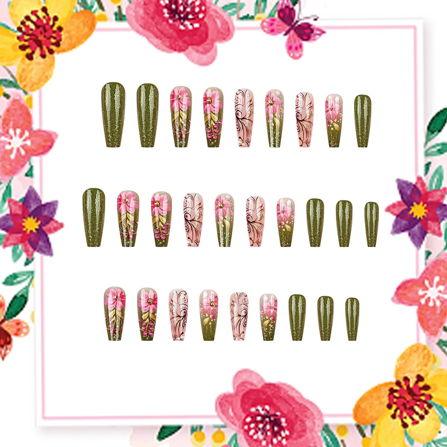TBRZTR Flower Press on Nails Long Length Full Cover Glossy Green Stick on Nail Floral Pearl Design Ballet Shaped Gradient False Nails Reusable Artifical Acrylic Press Ons Glue on Nail for Women 24Pcs