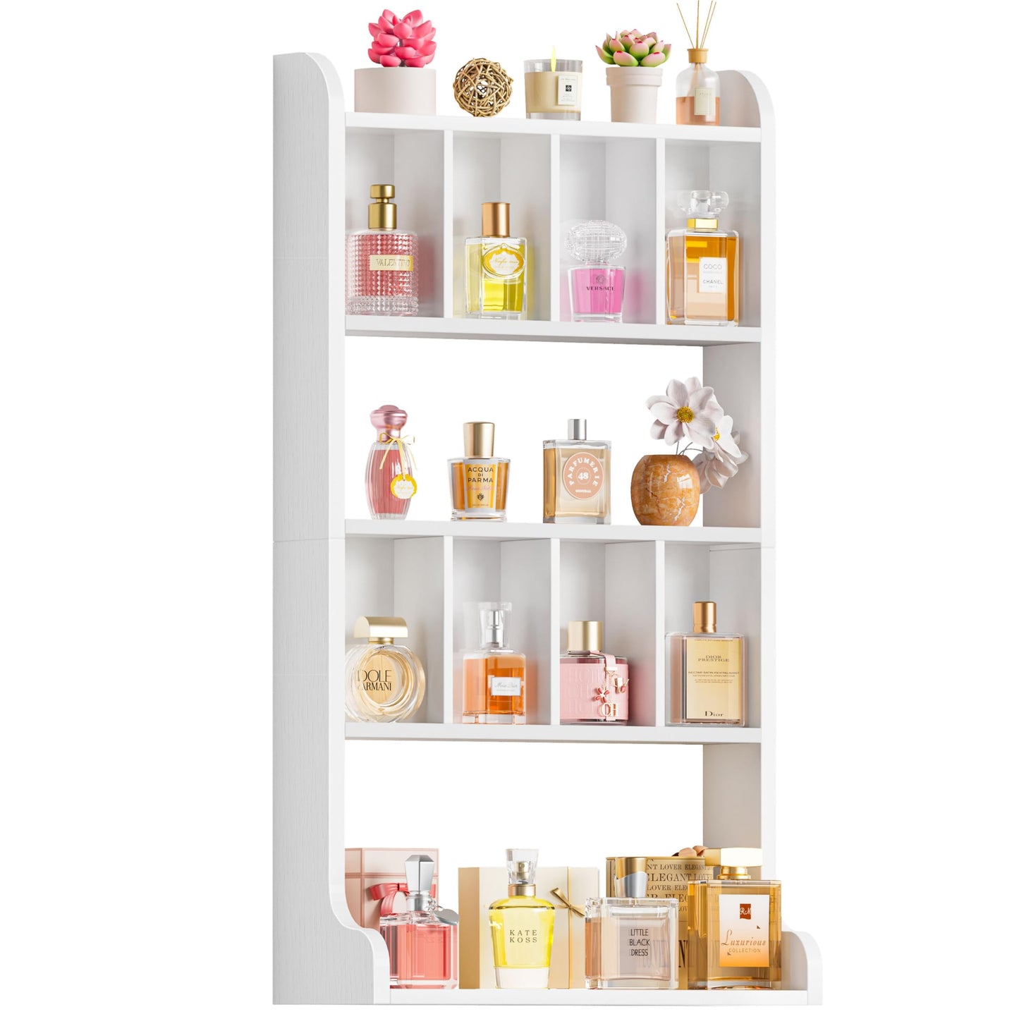 Keebofly Perfume Organizer Wall Mount & Large Cologne Display Case - Wooden Multi-Tier Trinket Shelf for Fragrances, Collectibles, Figures, Miniatures, Cosmetics and Shot Glasses, White