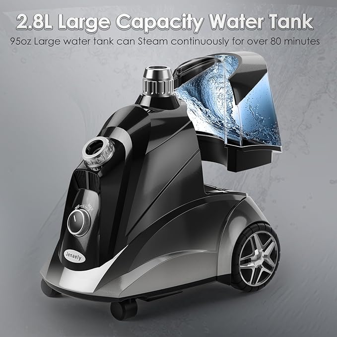 Steamer for Clothes, Jenaely 1500W Standing Garment Steamers, 35s Fast Heat-up, 80 Mins of Continuous Powerful Steam with 2.8L Water Tank, Pants Clip & Children's Clothing Hanger