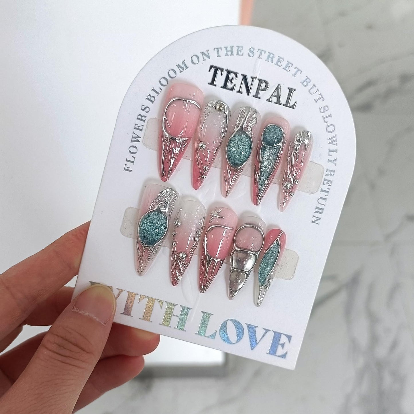 TENPAL Long Stiletto Press on Nails,Pink-Silver Holographic Gradient Hand-Painted Moons Fake Nails with 10pcs Tools,3D Cat Eye Glitter False Nails,Edgy Meteors Design Sweet-Edge Metal Nails(S)