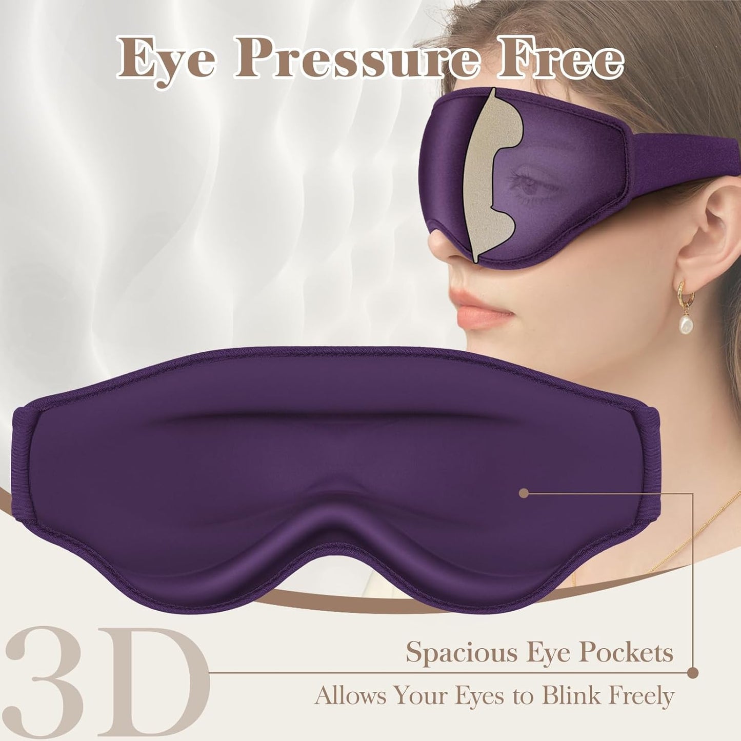 3D Cooling Eye Mask Sleep Mask for Men & Women, 100% Pressure-Free & Light Block-Out Eye Mask for Sleep with Easy Adjustable Strap, Night Eye Cover for Travel, Purple