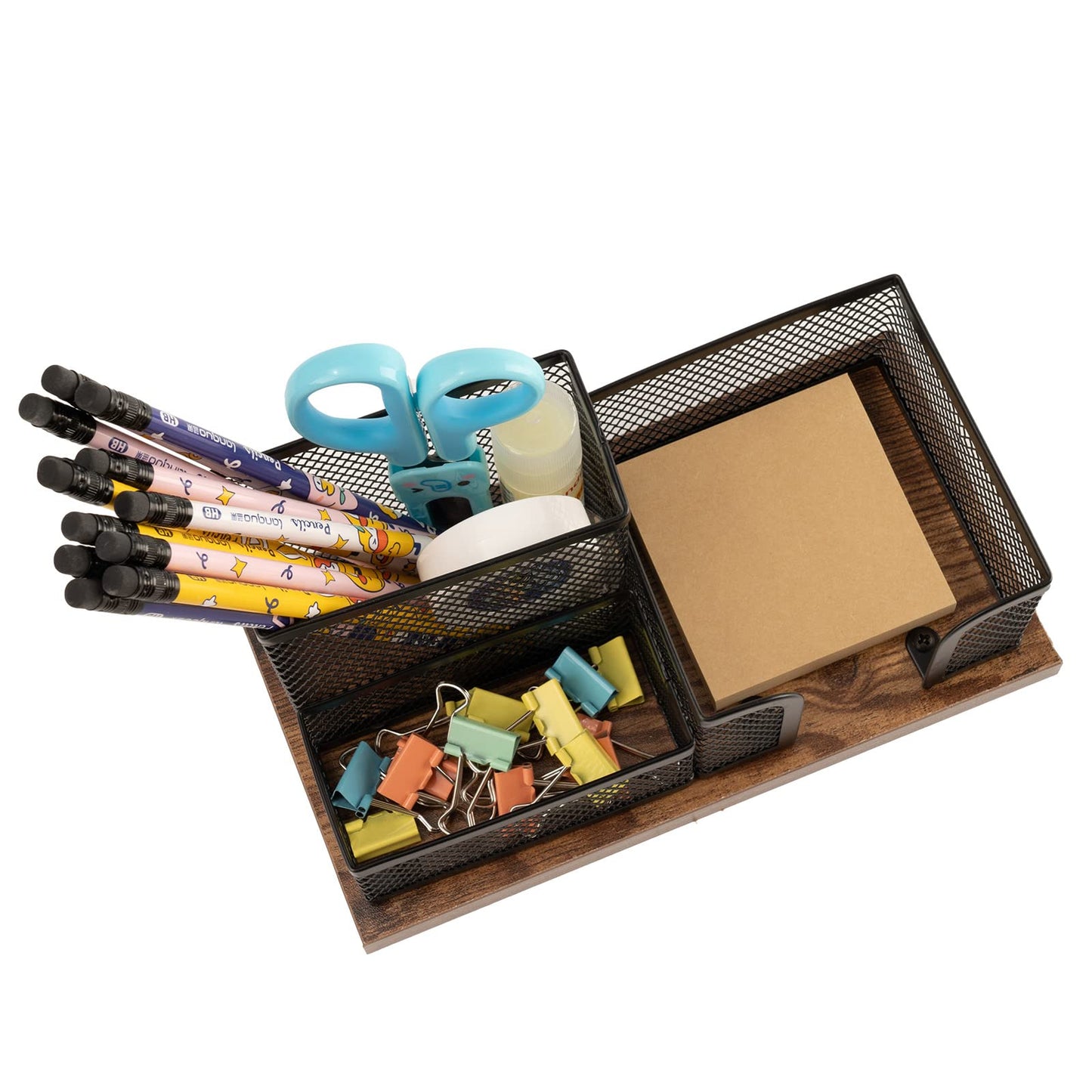 ASIFMTHOT Antique Wood & Mesh Pen Holder Office Supplies Caddy, Storage Baskets for Desktop Accessorieswith Sticky Notes Holder,3 Compartments(2 Pack Black)
