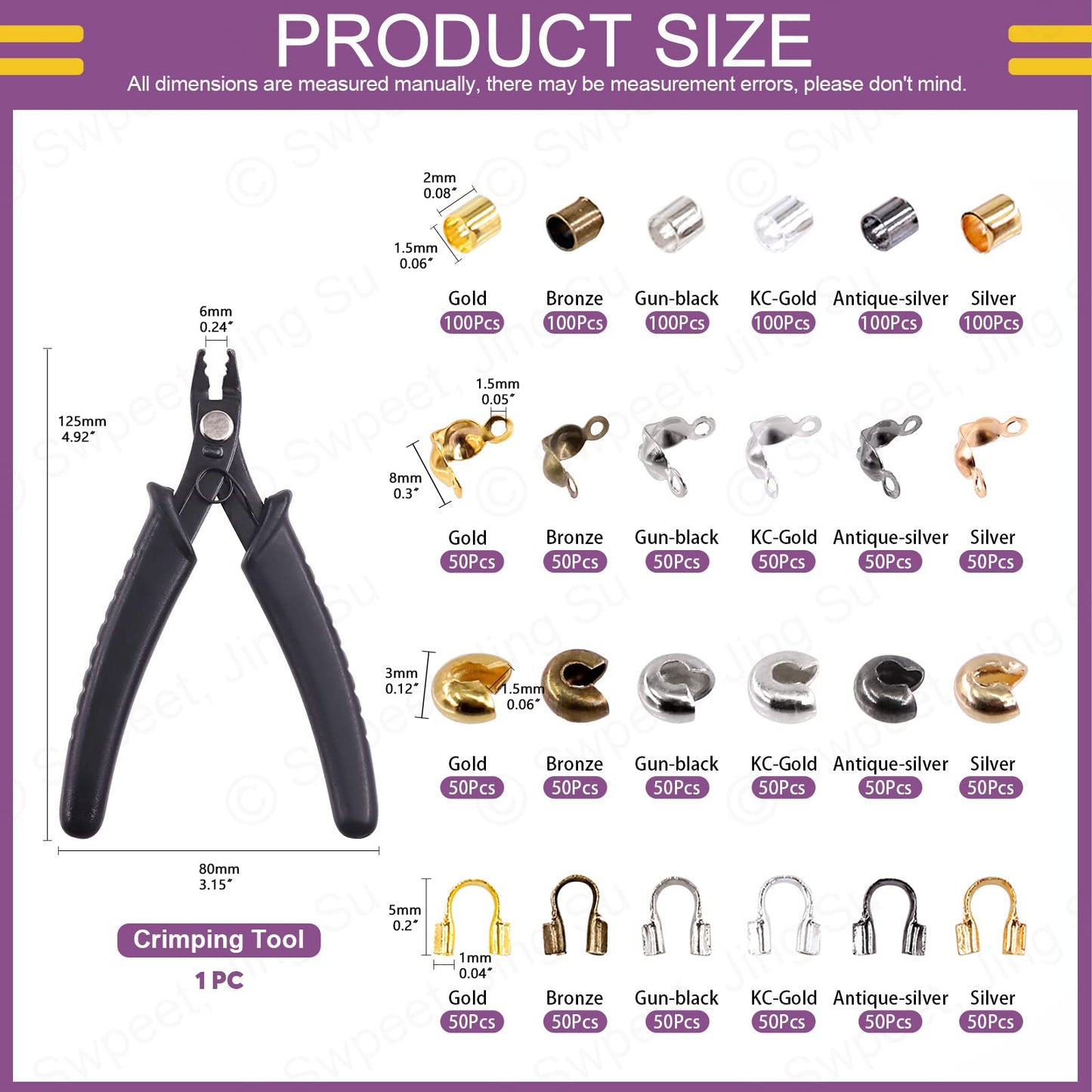 Swpeet 1501Pcs 6 Colors 4 Styles Brass Tube Crimp Beads with Bead Crimping Pliers Kit, Including Brass Tube Crimp Beads & Crimp Beads Knot Covers & Wire Guardians & Iron Bead Tips Knot Covers