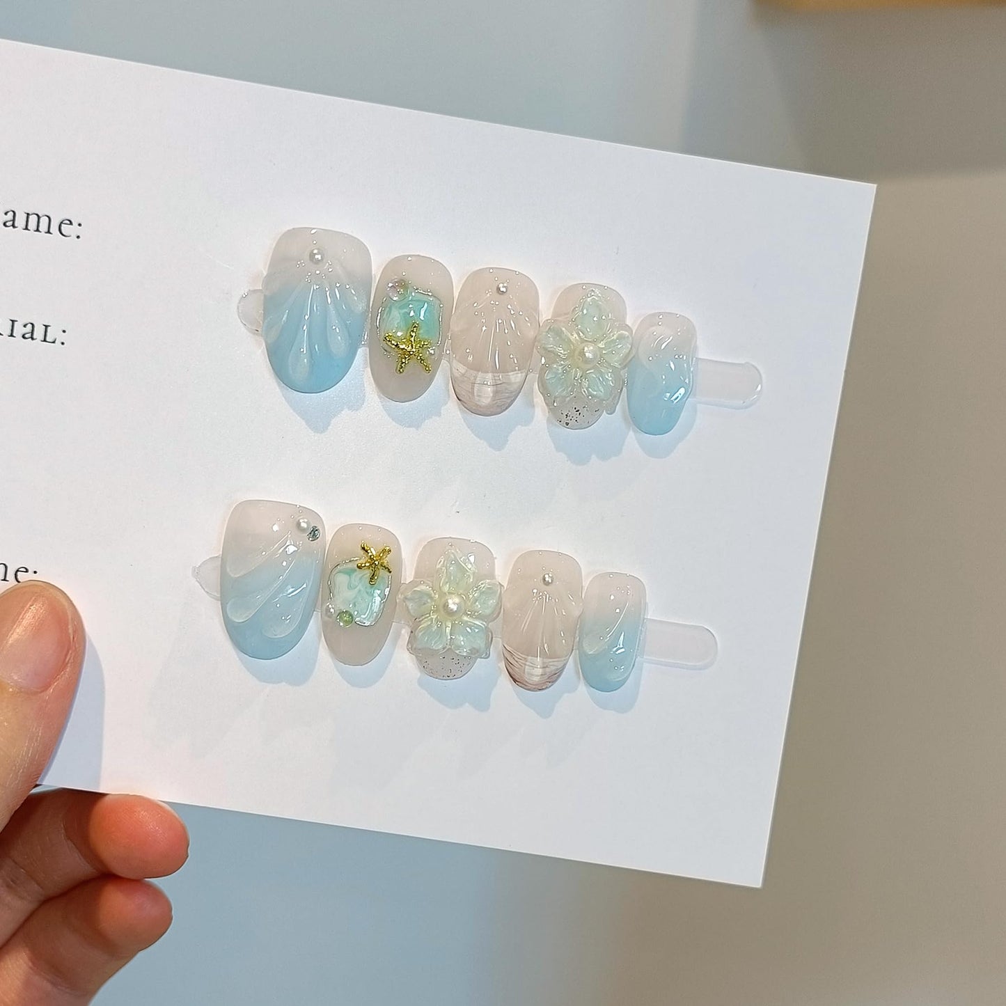 TENPAL Blue French Tips Press on Nails Short Oval,Isle Blue Gradient & Hand-Sculpted Conch Relief False Nails,Ocean Whisper Fake Nails Kit,Glossy Cute Artisan Coastal Zen Nail Art with Tools 10pcs(L)