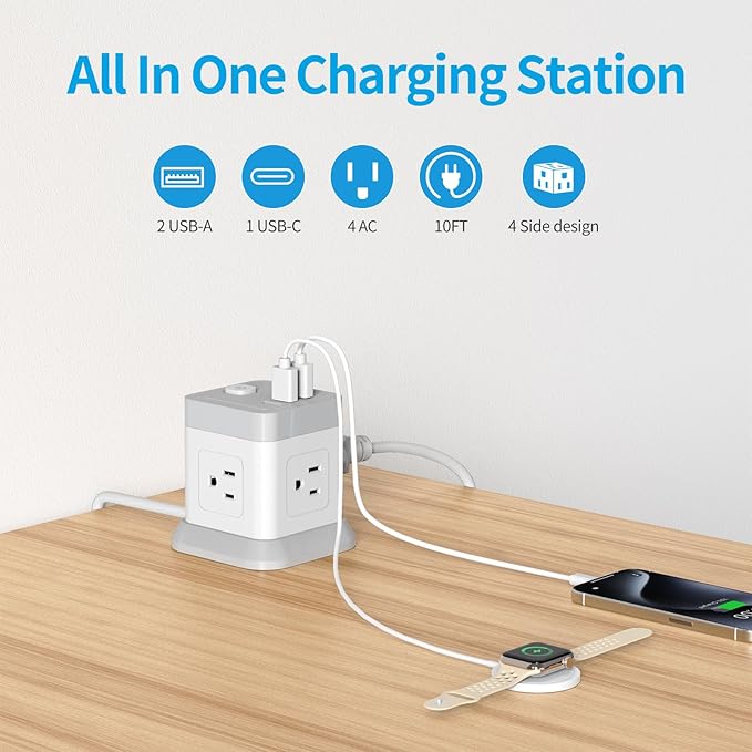 Power Strip with USB C, FDTEK Desktop Power Cube Strip, 10 FT Extension Cord with 4 Outlets and 3 USB, Compact Power Strips Tower for Travel Home Office Cruise Ship - White