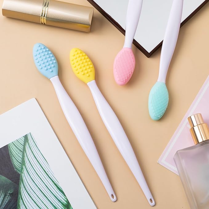 4pcs Lip Scrub Brush, Silicone Lip Exfoliator Brushes Scrubber Tool, Double-Sided Lip Cleaning Exfoliating Remove Dead Skin Tool for Men Women Dark Lips- Pink & Green & Blue & Yellow