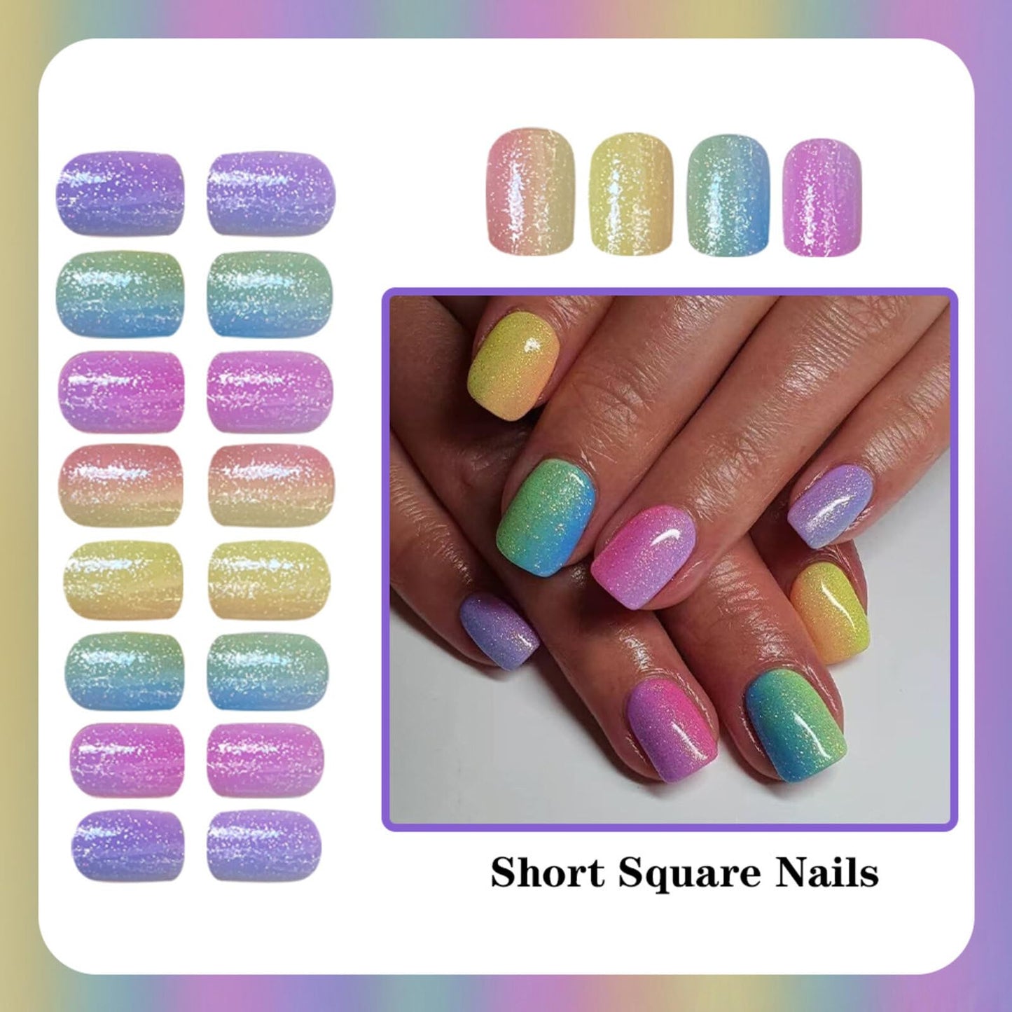 Rainbow Gradient Glitter Press on Nails Medium Square Shape Glossy Finish Reusable False Nails Easy Apply Fashion Party Wedding Durable Trendy Women Girls Acrylic Stick on Nail Art 24 Pcs