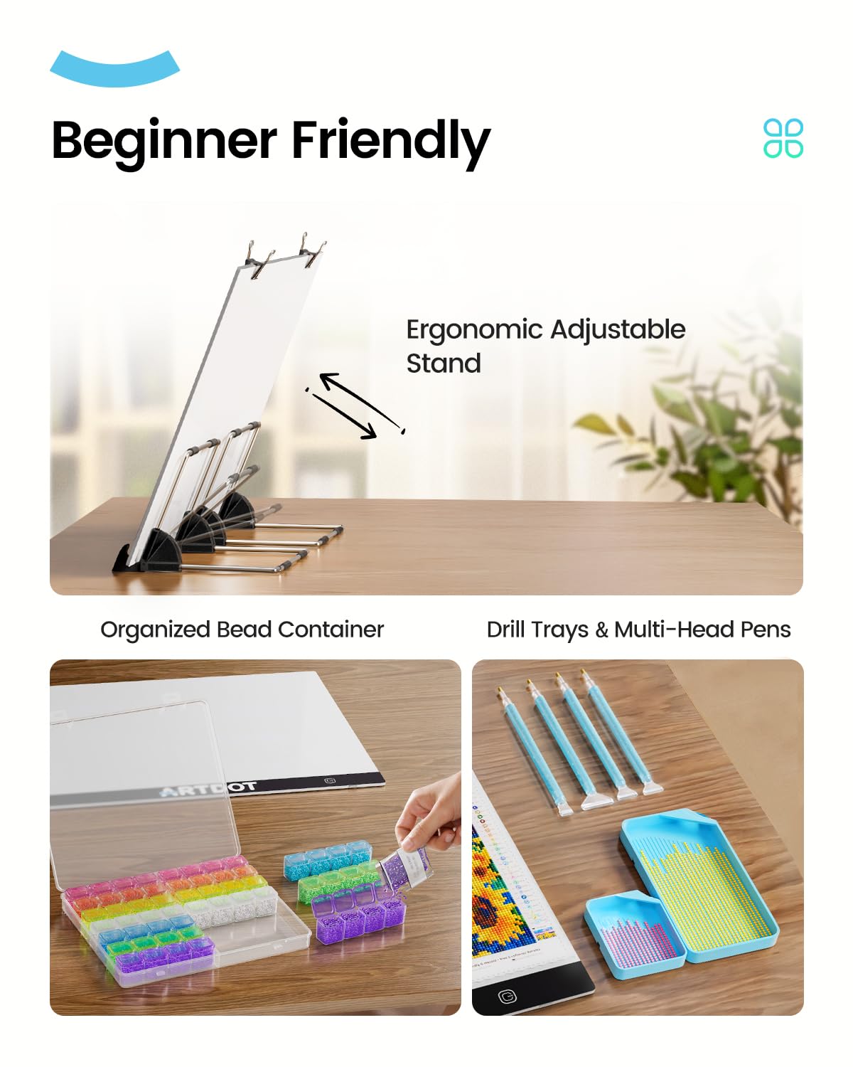 ARTDOT A3 LED Light Pad for Diamond Art Kits for Adults, USB Powered Light Board Kit, Adjustable Brightness with Diamond Painting Tools Detachable Stand and Clips