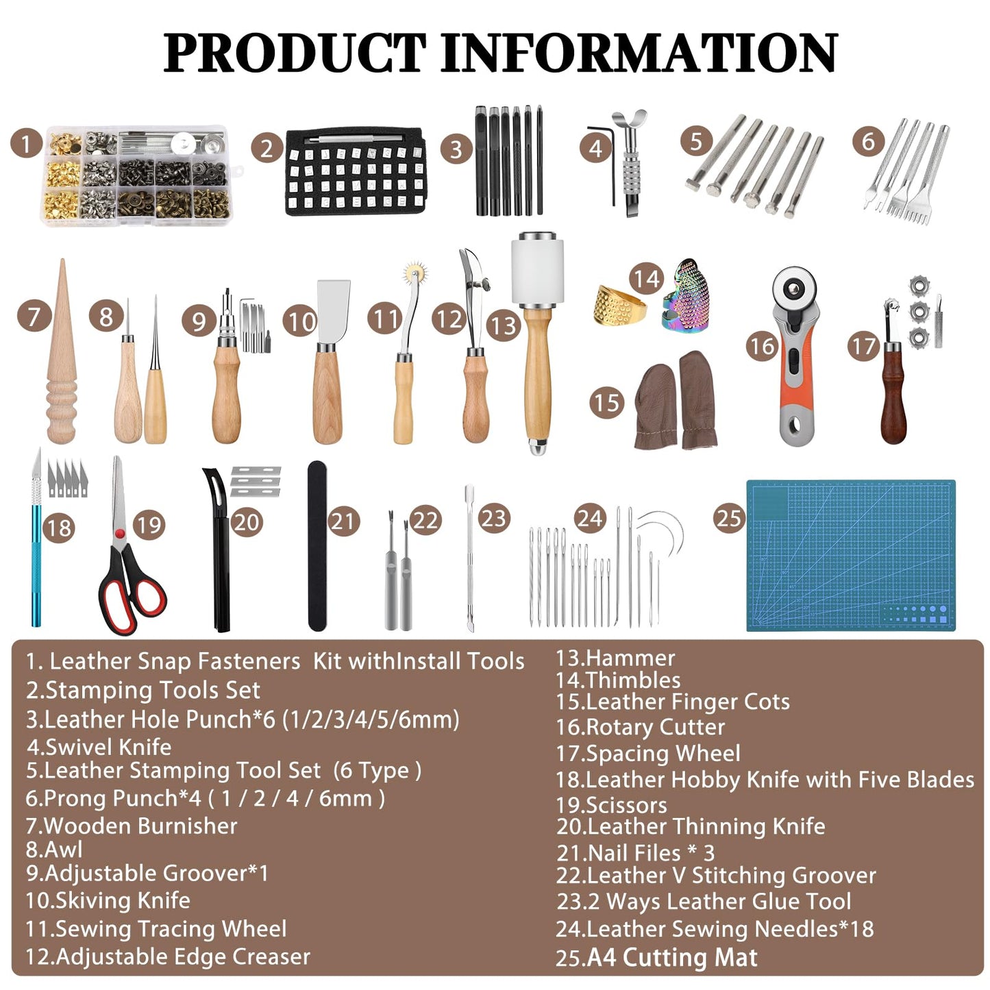 SOCNITC Leather Craft Tools, Leather Working Kit with Snaps and Rivets Kit Stamping Tools Stitching Groover Waxed Thread Punch Hole for Leathercraft Adults, Beginners