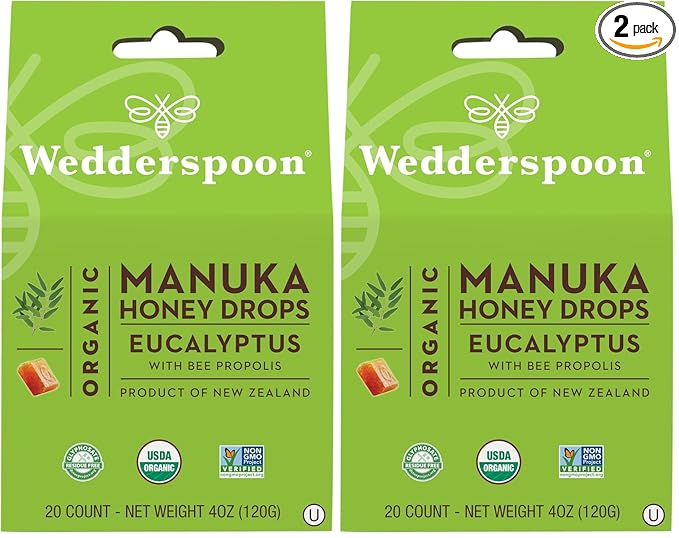 Wedderspoon Organic Manuka Honey Drops, Eucalyptus & Bee Propolis, 20 Count (4oz) (Pack of 2)| Genuine New Zealand Honey | Perfect Remedy for Dry Throats