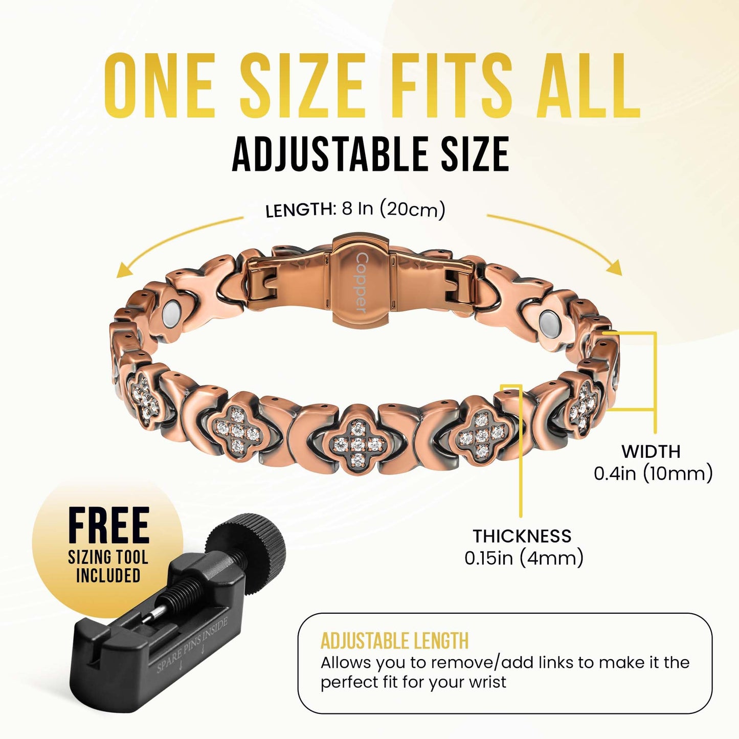 MagnetRX® Women’s Pure Copper Magnetic Bracelet - Ultra Strength Magnetic Copper Bracelet - Adjustable Length with Sizing Tool (Copper Clover)