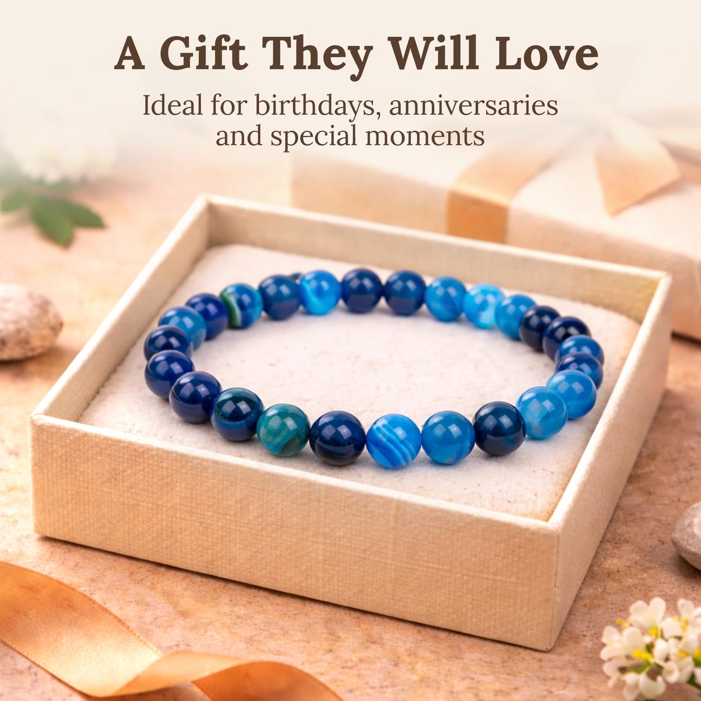 Elm City Direct 8mm Natural Stone Beaded Bracelet – Unisex Crystal Stretch Bracelets for Men & Women, Chakra & Healing Jewelry, Gift-Ready Beaded Bracelets (Blue Striped Agate, 8mm)