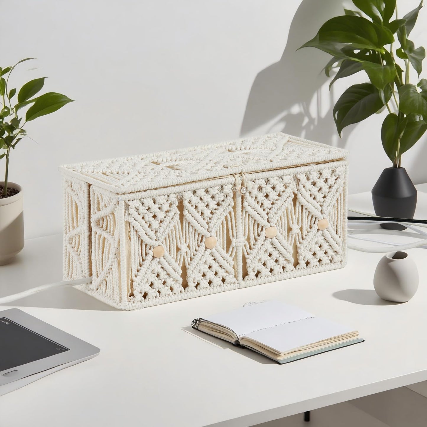 VinneGenzz Cable Management Box Handmade Macrame Cord Storage Organizer Power Strips Outlet Router Adapter TV Wire Hider Cover Under Desk Natural Cotton Rope Woven Boxes with Lid (Off White, Large)