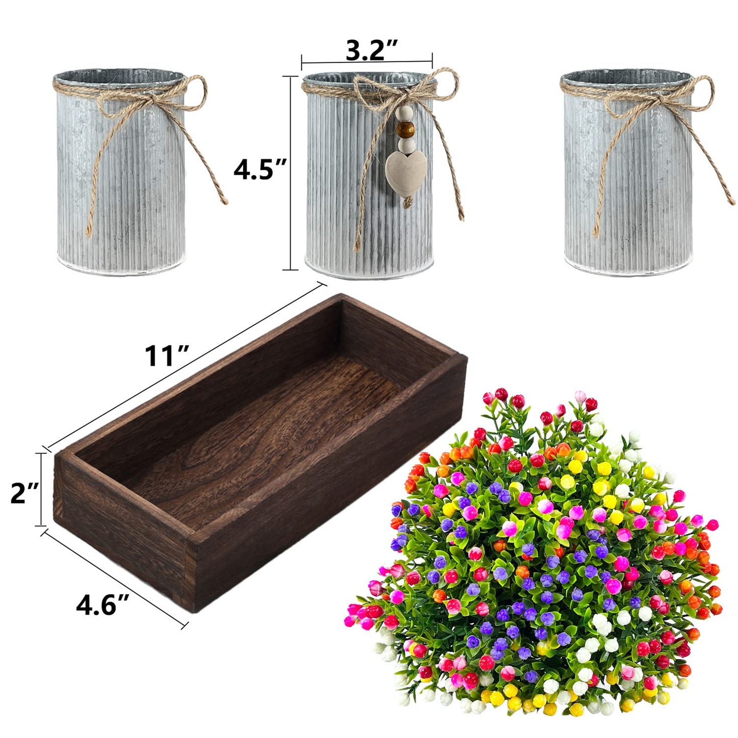 HEMYLU Table Centerpiece Decoration Artificial Flower Set with 3 Fake Milan Bouquet and Wood Tray for Desk Home Bathroom Office Décor