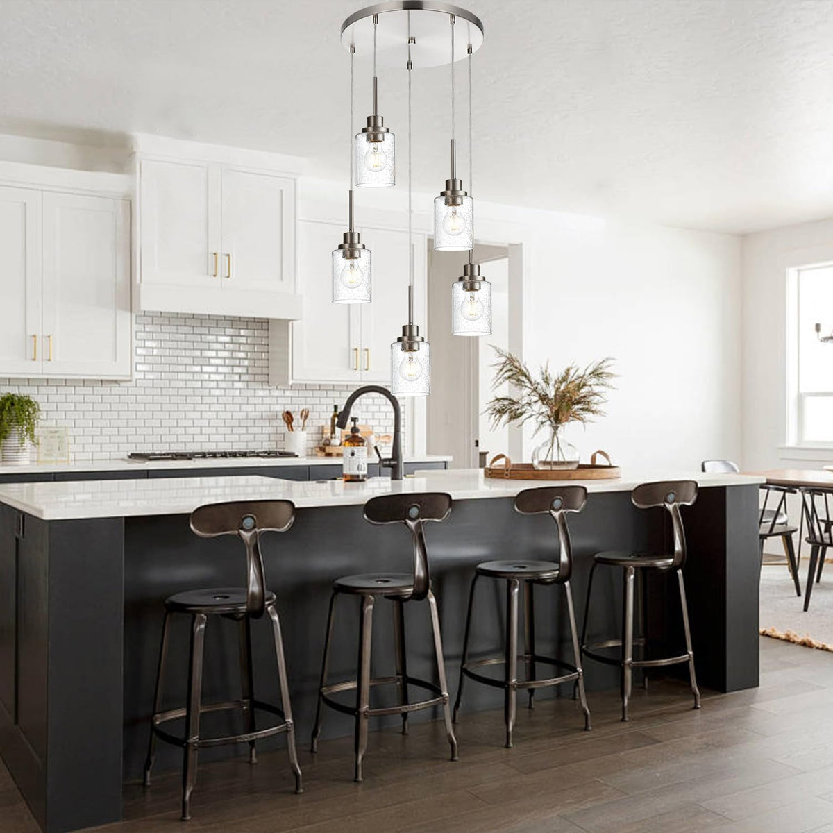 5 Light Farmhouse Pendant Lighting for Kitchen Island,Brushed Nickel Dining Room Cluster Pendant Light Fixtures Hanging Ceiling with Seeded Glass,Modern Pendant Light for Entrance Stairwell