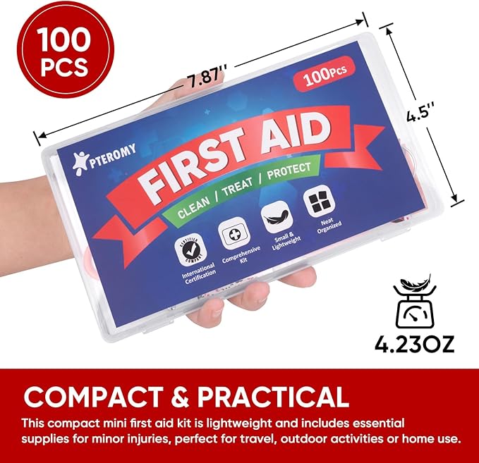 PTEROMY 100 Piece Mini First Aid Kit, Portable Small Emergency Kits Compact 1st Aid Kit for Car, Travel, Home, Camping, Outdoor, Hiking