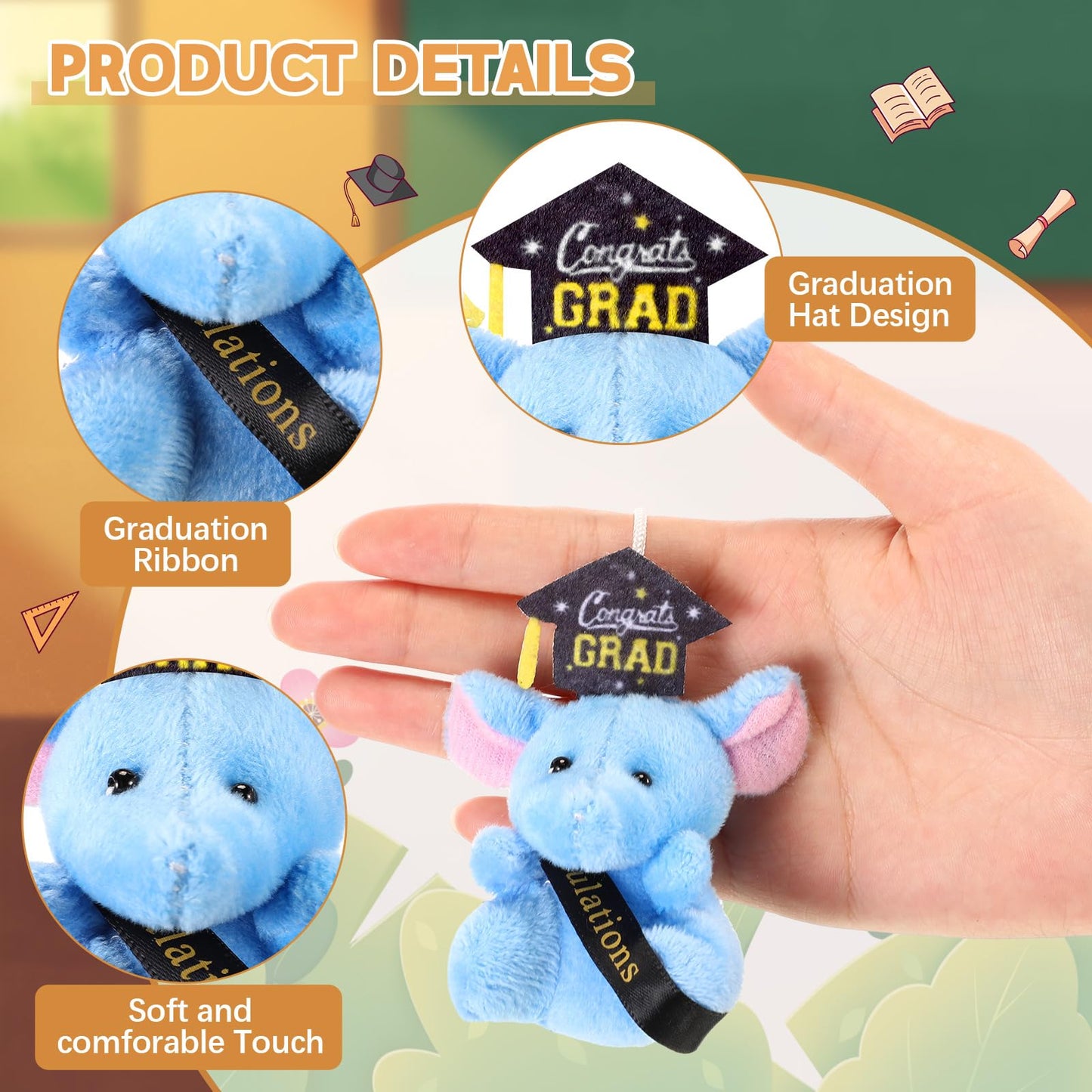 MiniInflat 12 Pcs Mini Graduation Stuffed Animal Bulk Tiny Congrats Grad Plush Small Animal Doll Keychain with Grad Hat for 2026 Graduation Party Favors Prek Kindergarten Classroom Exchange Gift
