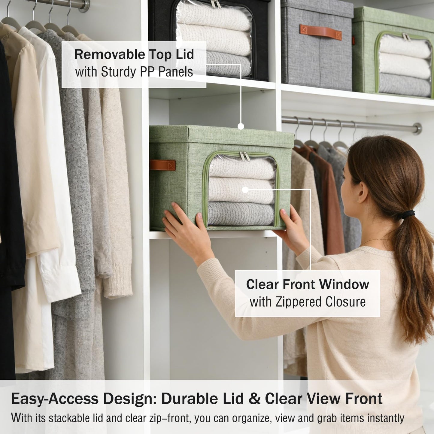 LOLUVIZCO 2PCS Large Storage Bins Boxes with Lids Clear Window Zipper Closure Decorative Cotton Linen Fabric Baskets with PU Leather Handles PP Board Collapsible Shelf Closet Organizer (Light Green)
