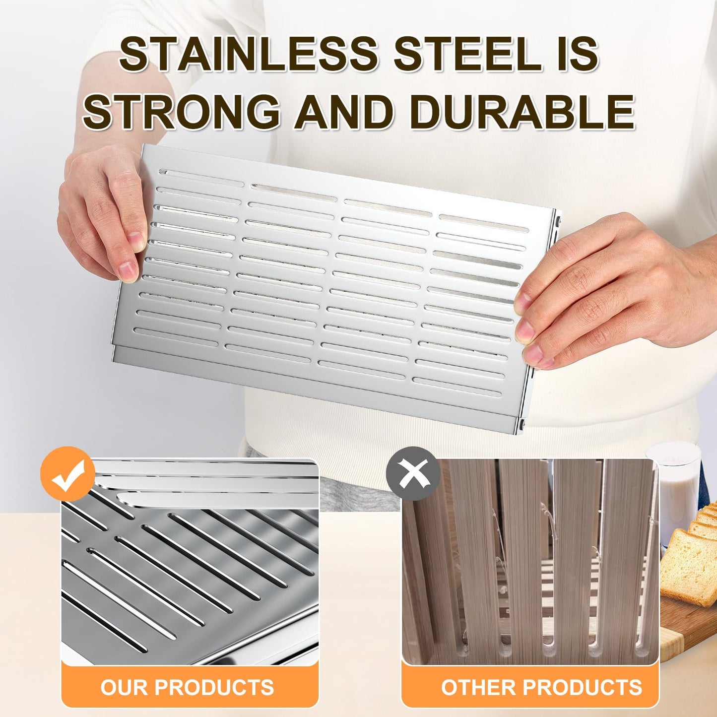 MOBBYKO Stainless steel Bread Slicer for Homemade Bread,Adjustable Width,Foldable Compact,Bread Slicing Guide,Bread Loaf Slicer,for Cakes,Bagels,slice is 0.5",Bread width: 5.5"-8.3"(Silvers)